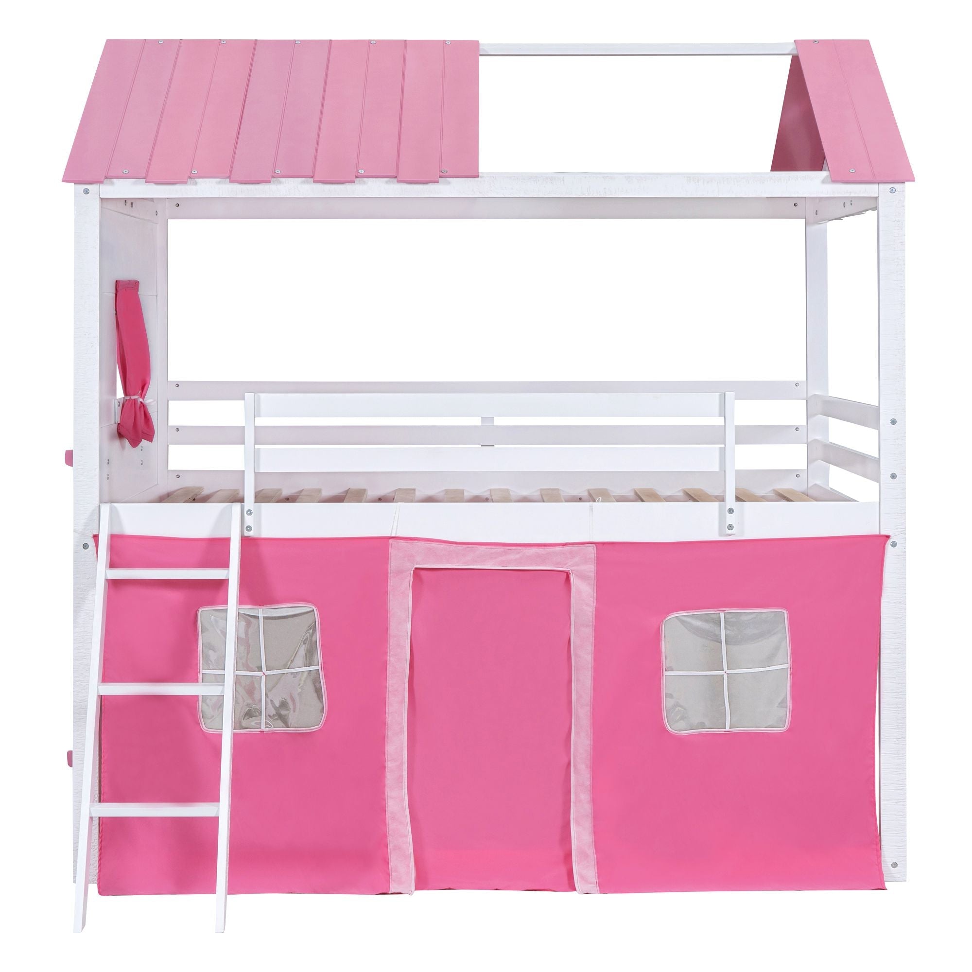Kids Shared Room Full Size Wood Bunk Bed with House Design, Windows, Tent, Pink and White | Just Better Bunk Beds