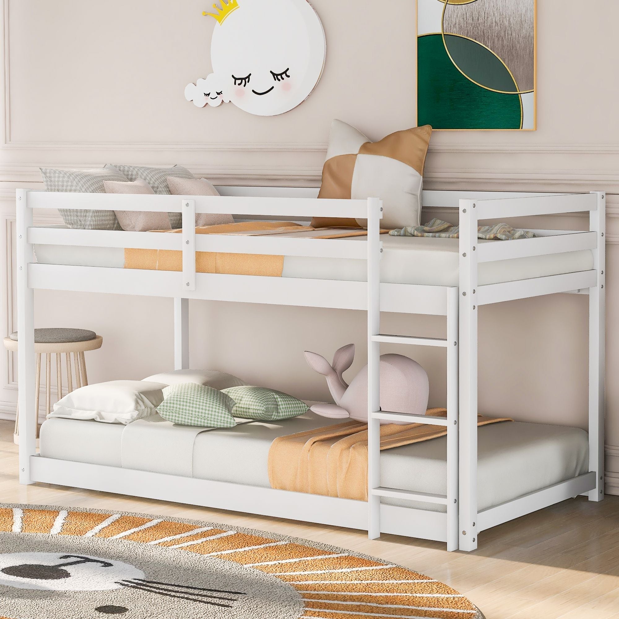 Kids Shared Room Low Profile Twin over Twin Wood Floor Bunk Bed with Ladder, Gray or White | Just Better Bunk Beds