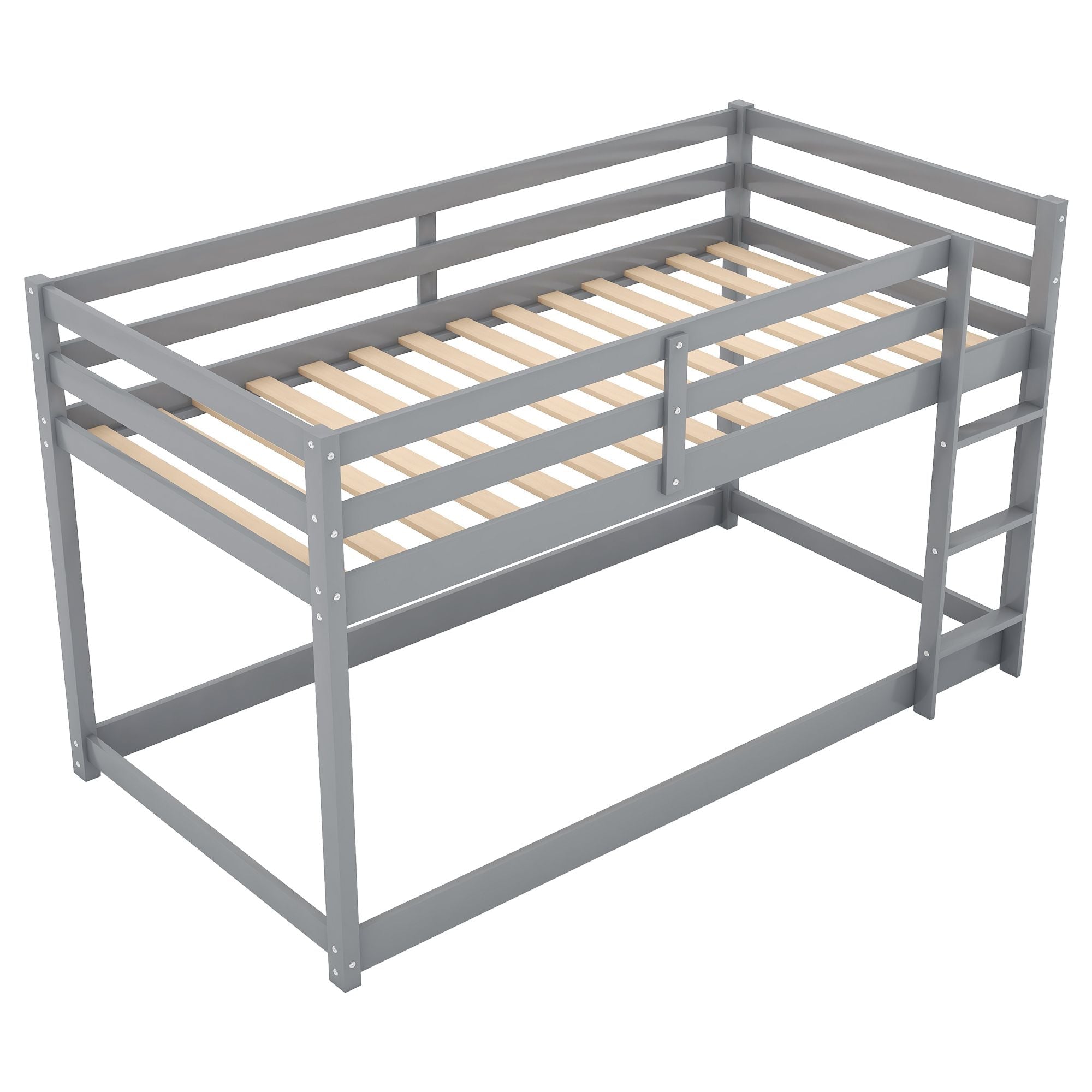 Kids Shared Room Low Profile Twin over Twin Wood Floor Bunk Bed with Ladder, Gray or White | Just Better Bunk Beds