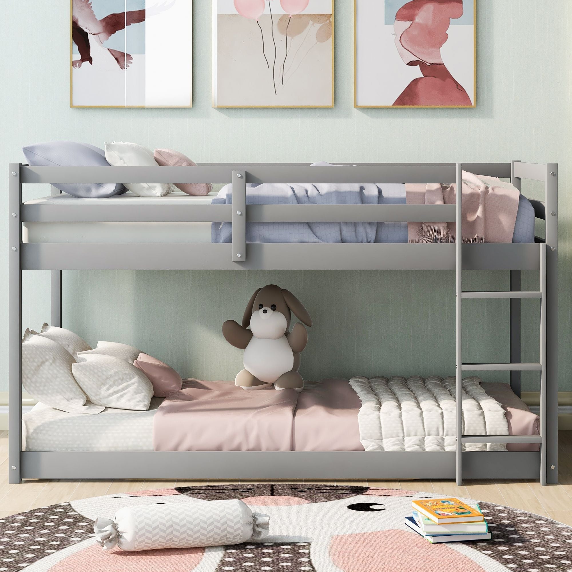 Kids Shared Room Low Profile Twin over Twin Wood Floor Bunk Bed with Ladder, Gray or White | Just Better Bunk Beds