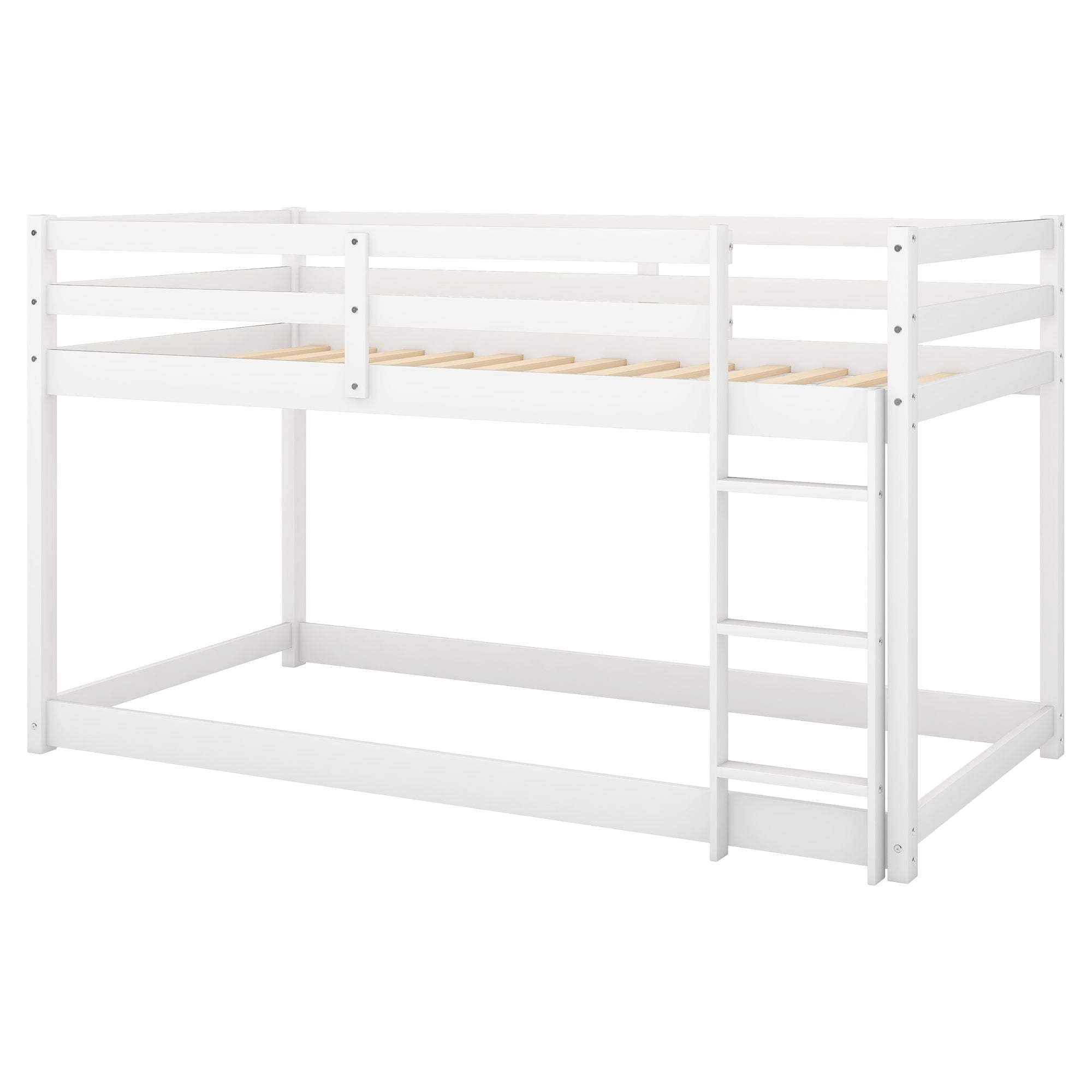 Kids Shared Room Low Profile Twin over Twin Wood Floor Bunk Bed with Ladder, Gray or White | Just Better Bunk Beds