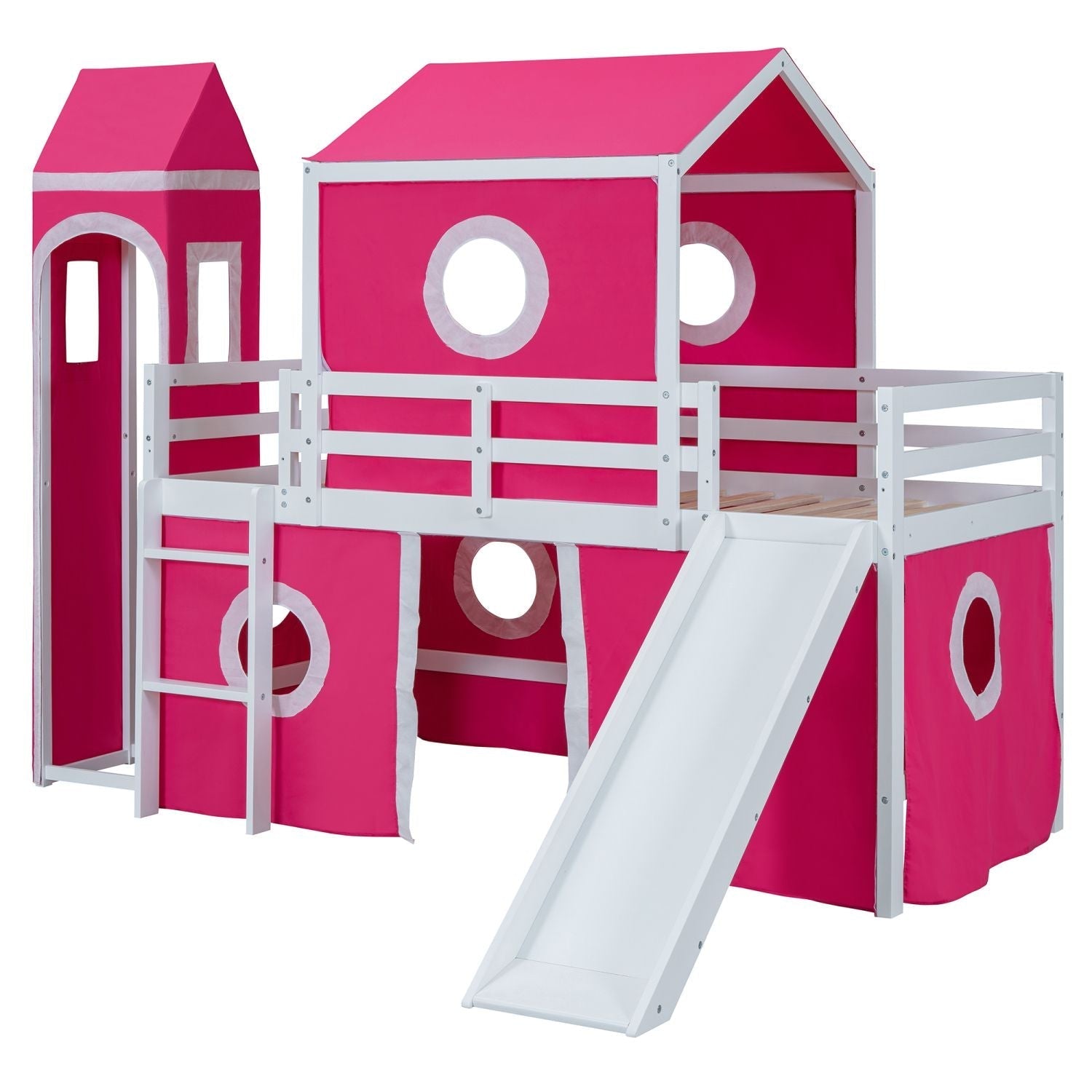 Kids Shared Room Twin Loft Bed with Slide Pink Tent Tower Wood Pink | Just Better Bunk Beds