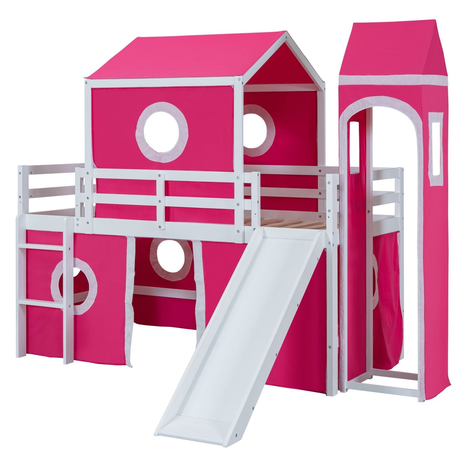 Kids Shared Room Twin Loft Bed with Slide Pink Tent Tower Wood Pink | Just Better Bunk Beds
