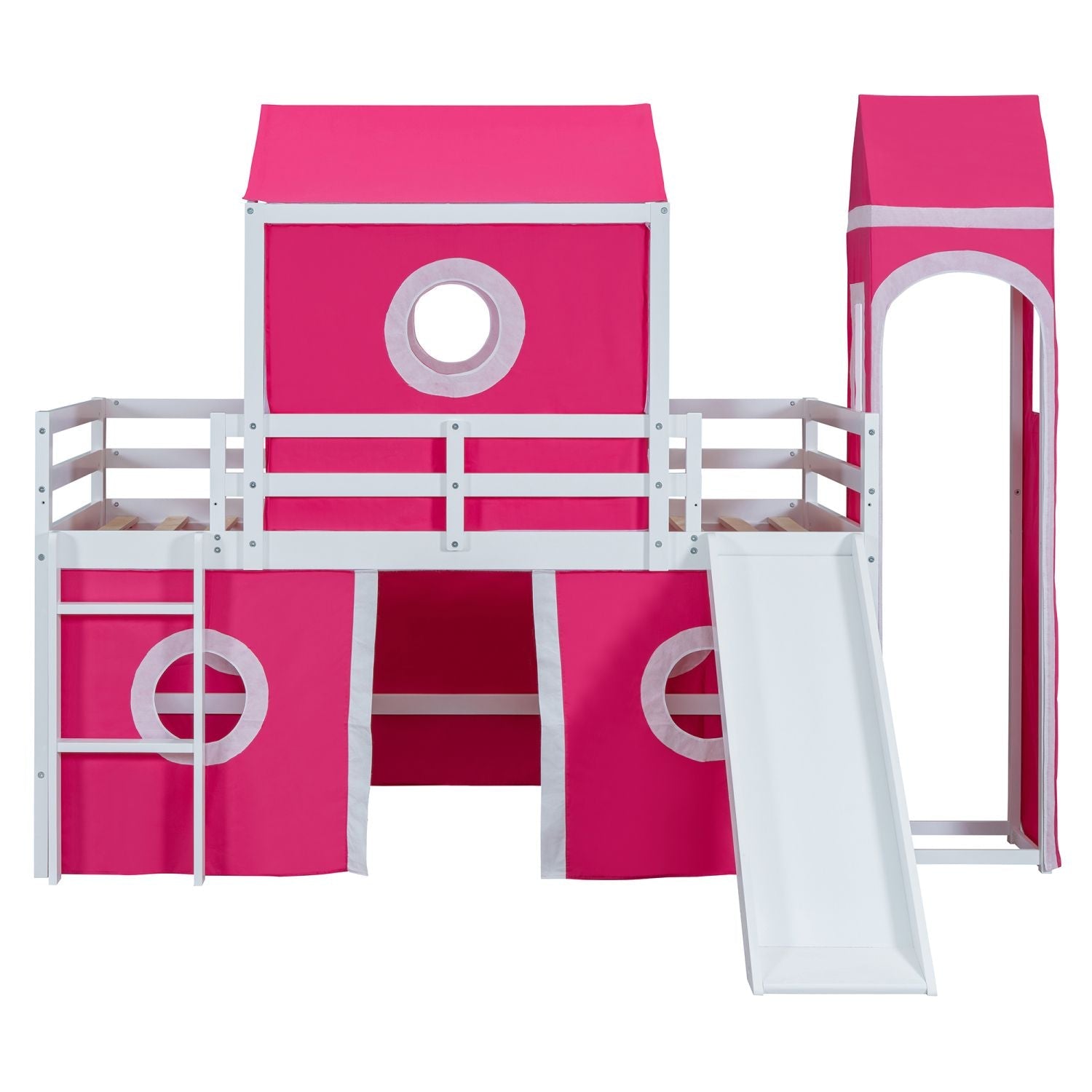 Kids Shared Room Twin Loft Bed with Slide Pink Tent Tower Wood Pink | Just Better Bunk Beds