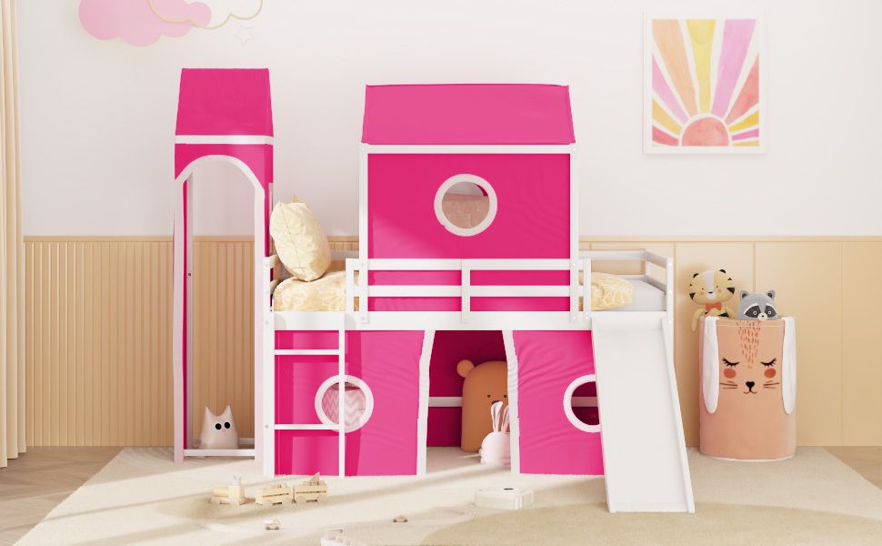 Kids Shared Room Twin Loft Bed with Slide Pink Tent Tower Wood Pink | Just Better Bunk Beds