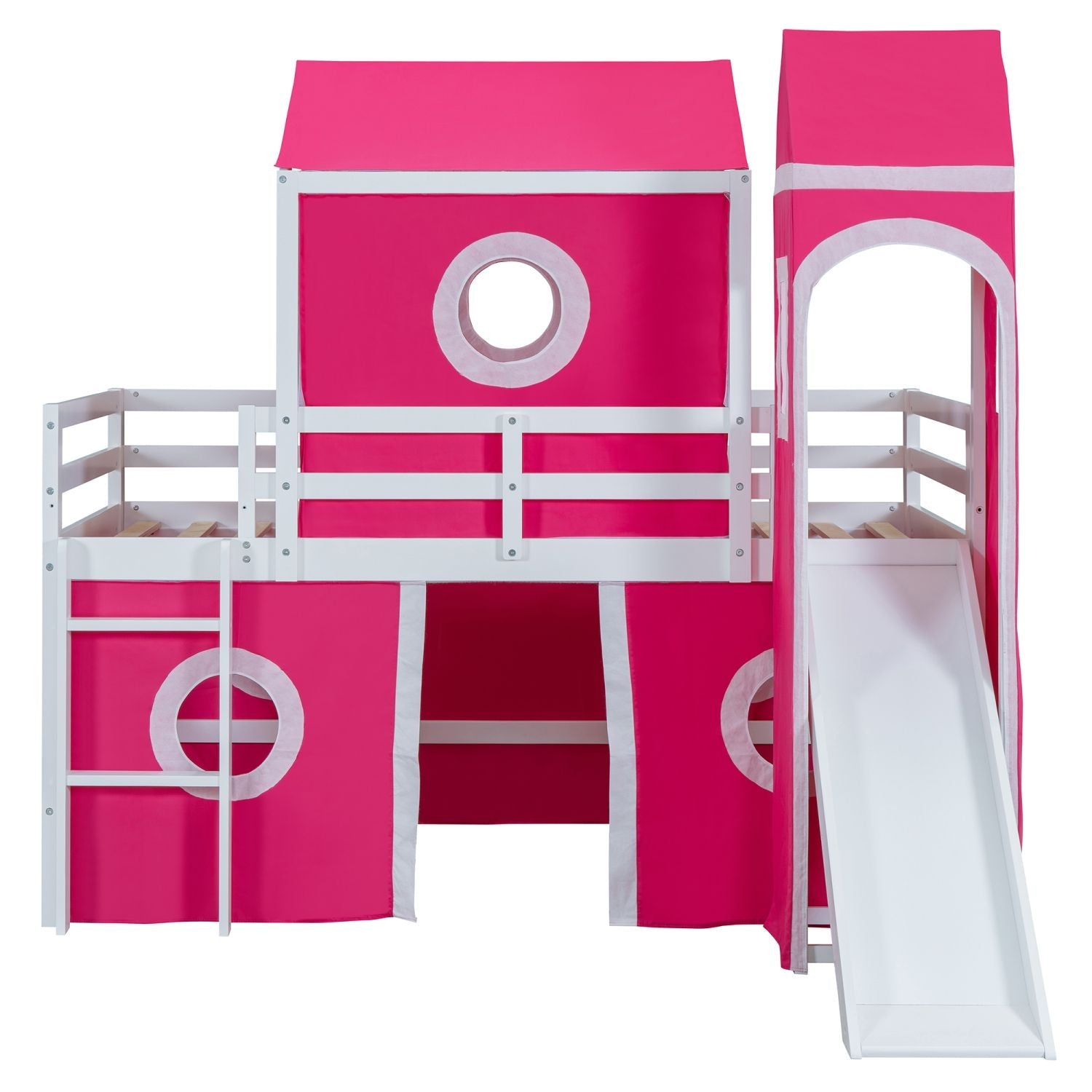 Kids Shared Room Twin Loft Bed with Slide Pink Tent Tower Wood Pink | Just Better Bunk Beds