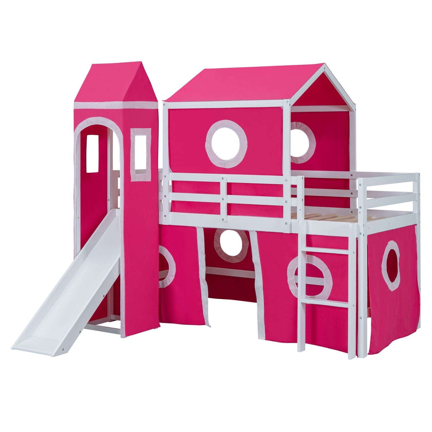 Kids Shared Room Twin Loft Bed with Slide Pink Tent Tower Wood Pink | Just Better Bunk Beds