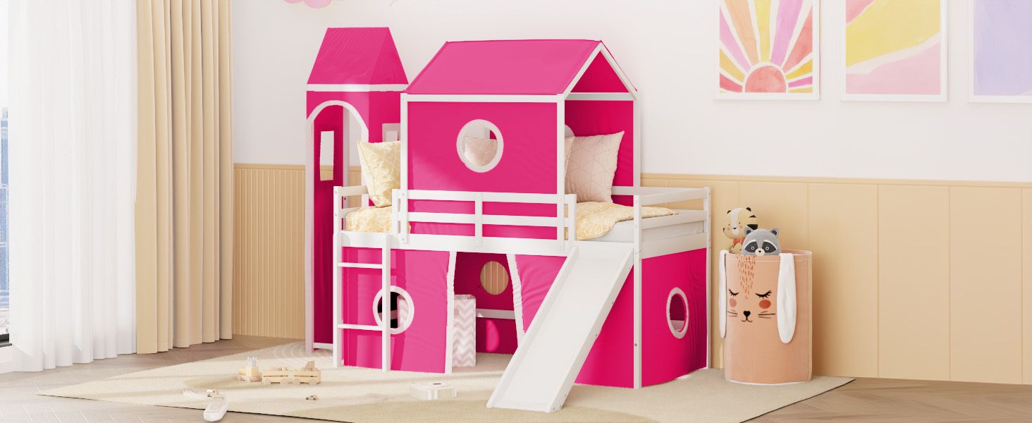 Kids Shared Room Twin Loft Bed with Slide Pink Tent Tower Wood Pink | Just Better Bunk Beds