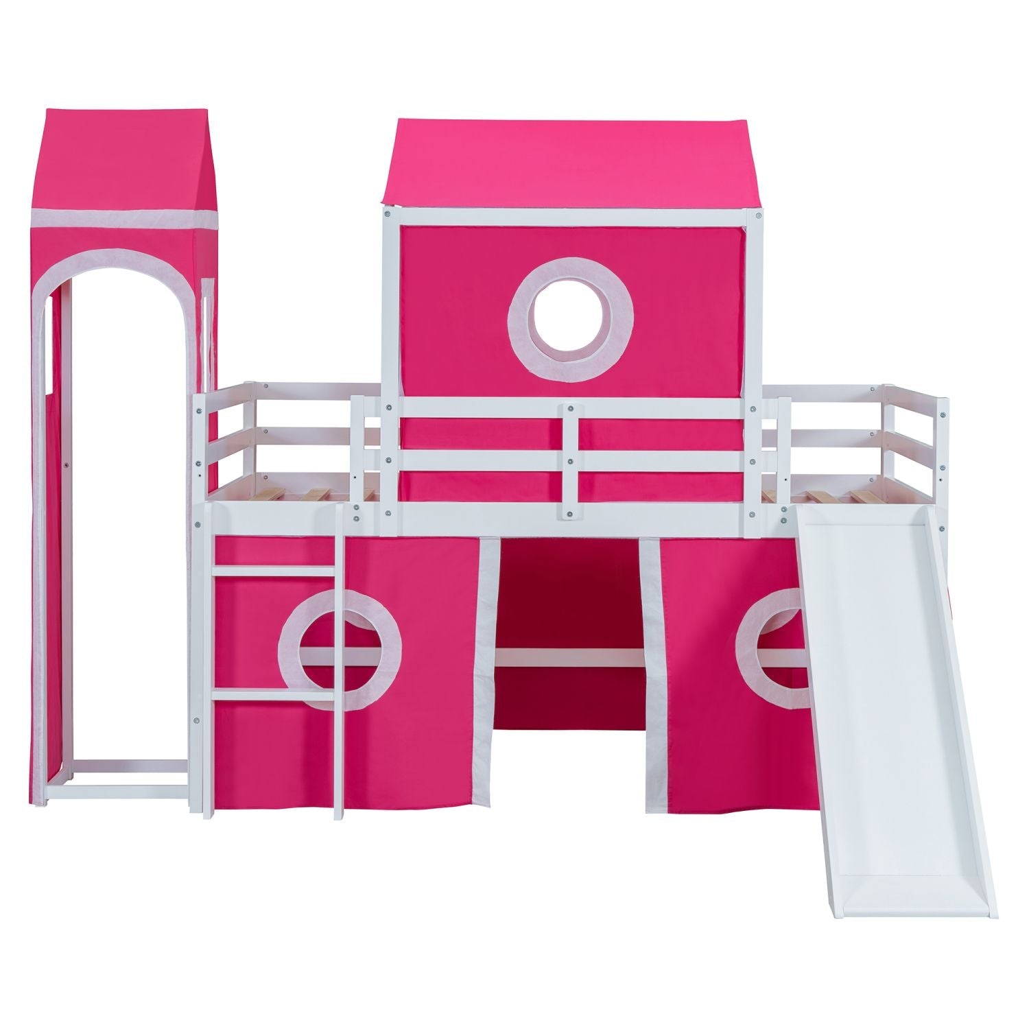 Kids Shared Room Twin Loft Bed with Slide Pink Tent Tower Wood Pink | Just Better Bunk Beds