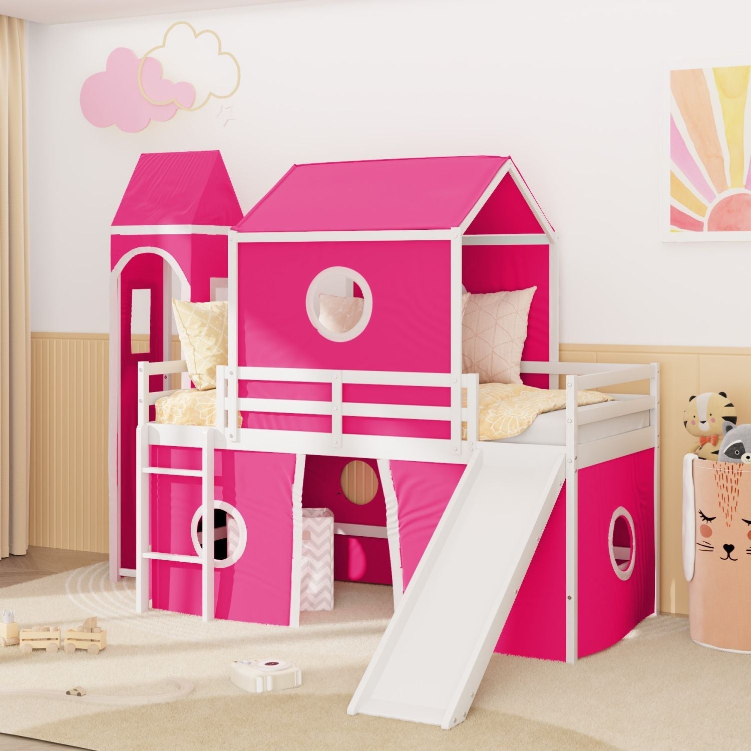 Kids Shared Room Twin Loft Bed with Slide Pink Tent Tower Wood Pink | Just Better Bunk Beds