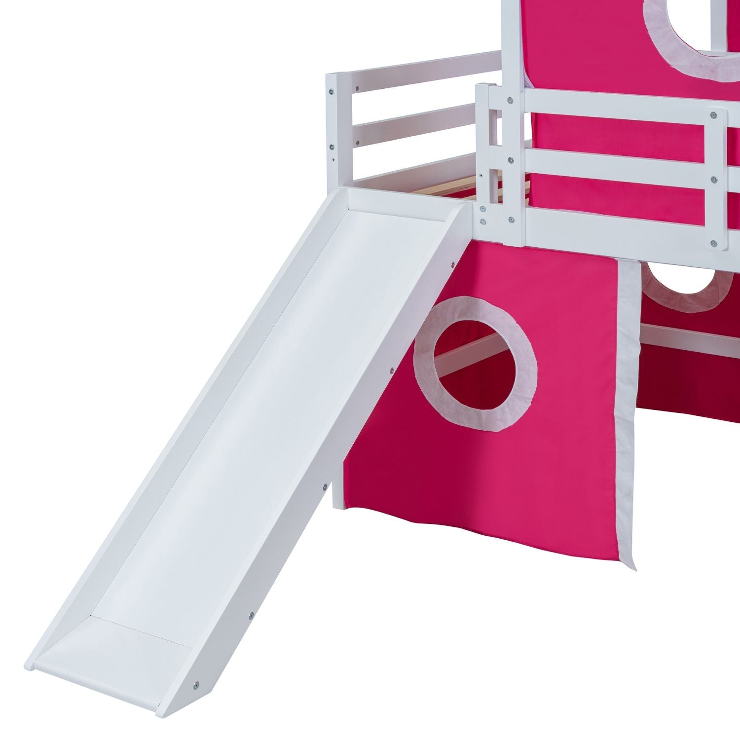 Kids Shared Room Twin Loft Bed with Slide Pink Tent Tower Wood Pink | Just Better Bunk Beds