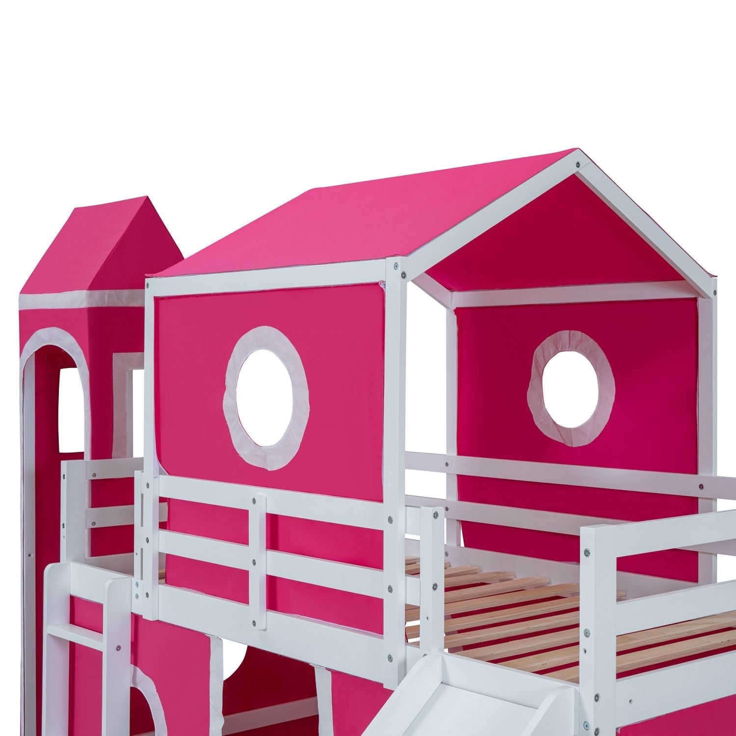 Kids Shared Room Twin Loft Bed with Slide Pink Tent Tower Wood Pink | Just Better Bunk Beds