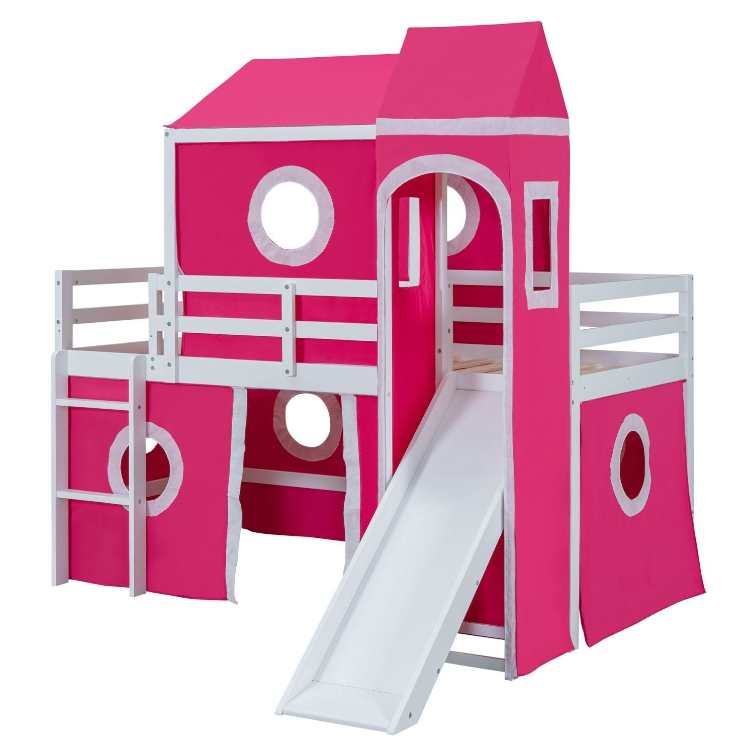 Kids Shared Room Twin Loft Bed with Slide Pink Tent Tower Wood Pink | Just Better Bunk Beds