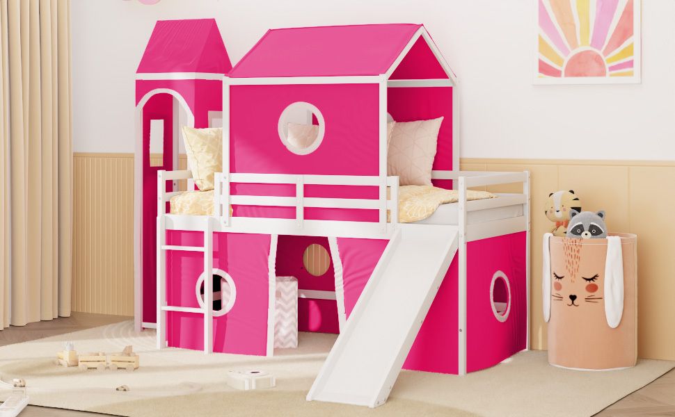 Kids Shared Room Twin Loft Bed with Slide Pink Tent Tower Wood Pink | Just Better Bunk Beds