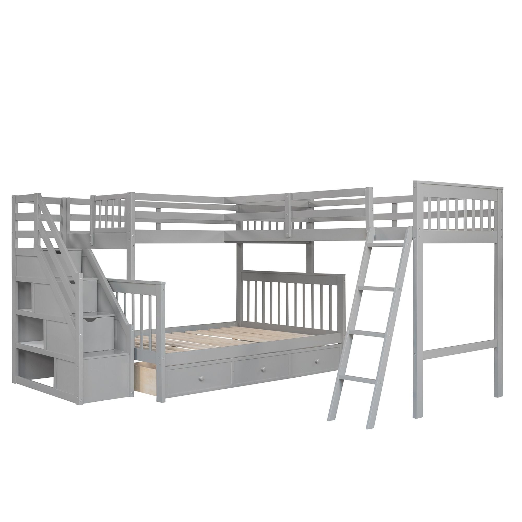 Kids Shared Room Twin Over Full L-Shaped Wood Bunk Bed with Storage Drawers and Staircase, Gray | Just Better Bunk Beds