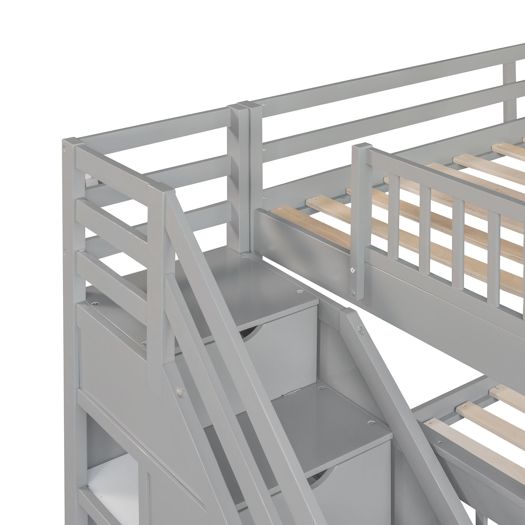 Kids Shared Room Twin Over Full L-Shaped Wood Bunk Bed with Storage Drawers and Staircase, Gray | Just Better Bunk Beds