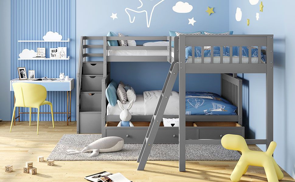 Kids Shared Room Twin Over Full L-Shaped Wood Bunk Bed with Storage Drawers and Staircase, Gray | Just Better Bunk Beds
