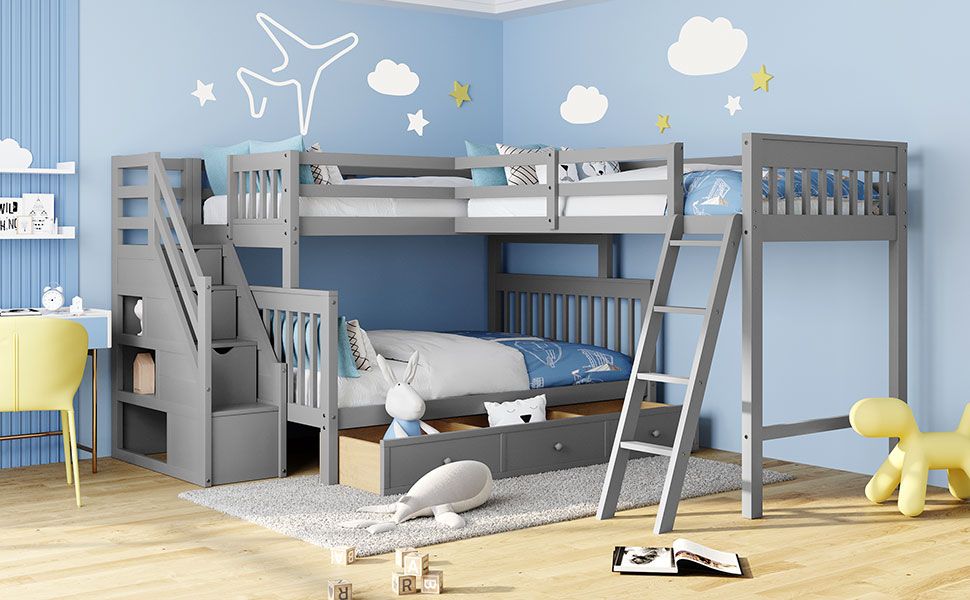 Kids Shared Room Twin Over Full L-Shaped Wood Bunk Bed with Storage Drawers and Staircase, Gray | Just Better Bunk Beds