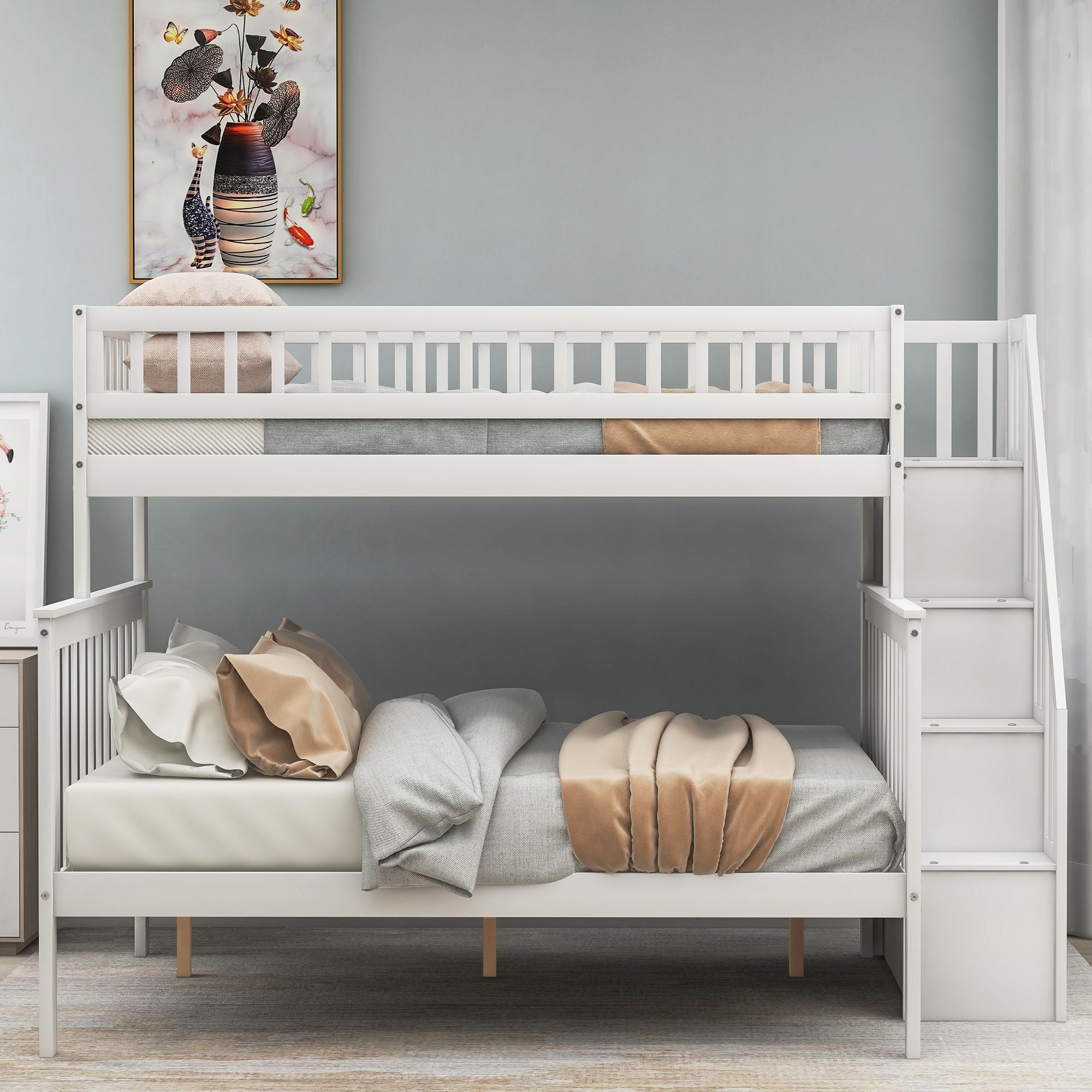 Kids Shared Room Twin over Full Stairway Bunk Bed with Storage Drawers, White Pine Wood | Just Better Bunk Beds