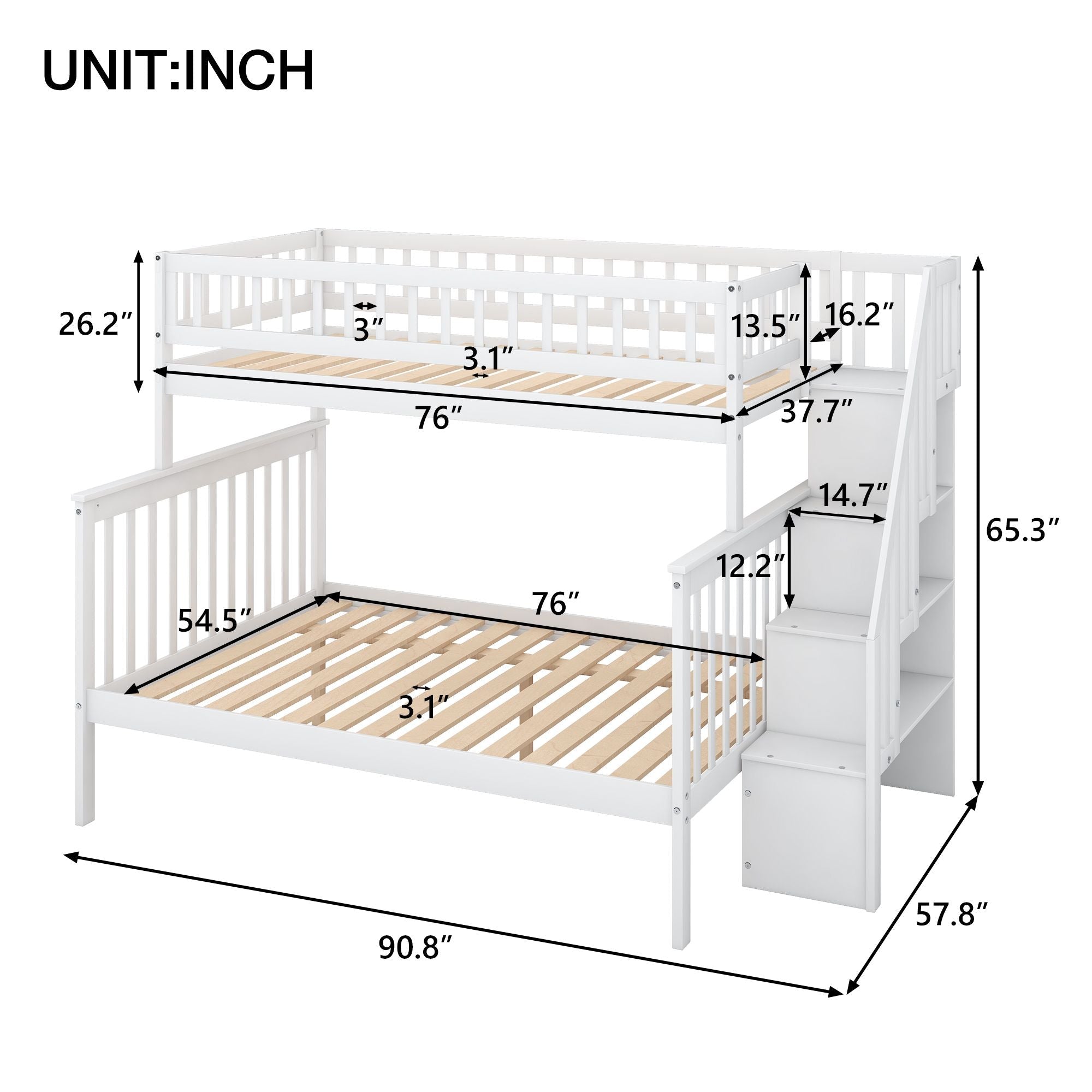 Kids Shared Room Twin over Full Stairway Bunk Bed with Storage Drawers, White Pine Wood | Just Better Bunk Beds