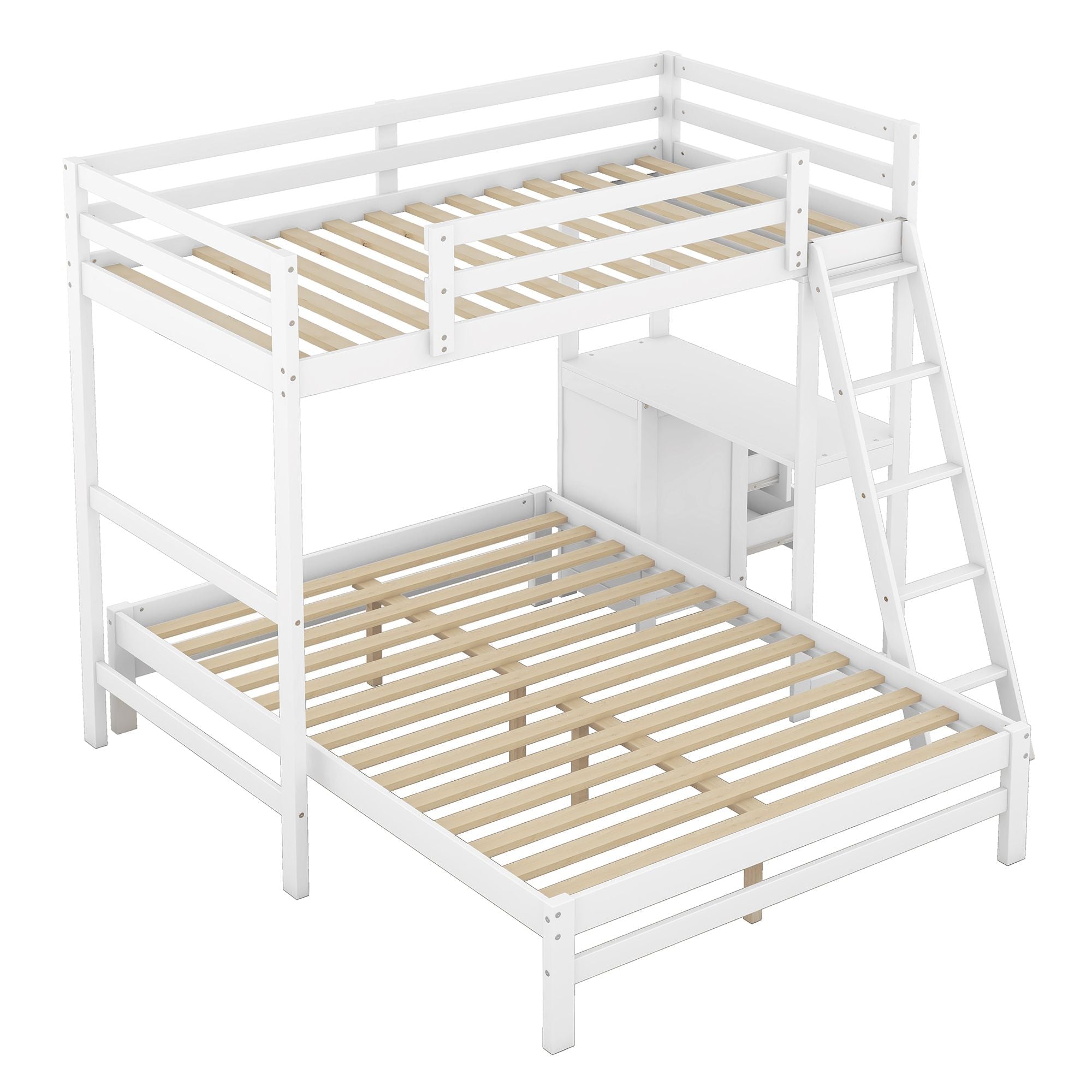 Kids Shared Room Twin Over Full Wood Bunk Bed with Built-in Desk and Three Drawers, White | Just Better Bunk Beds