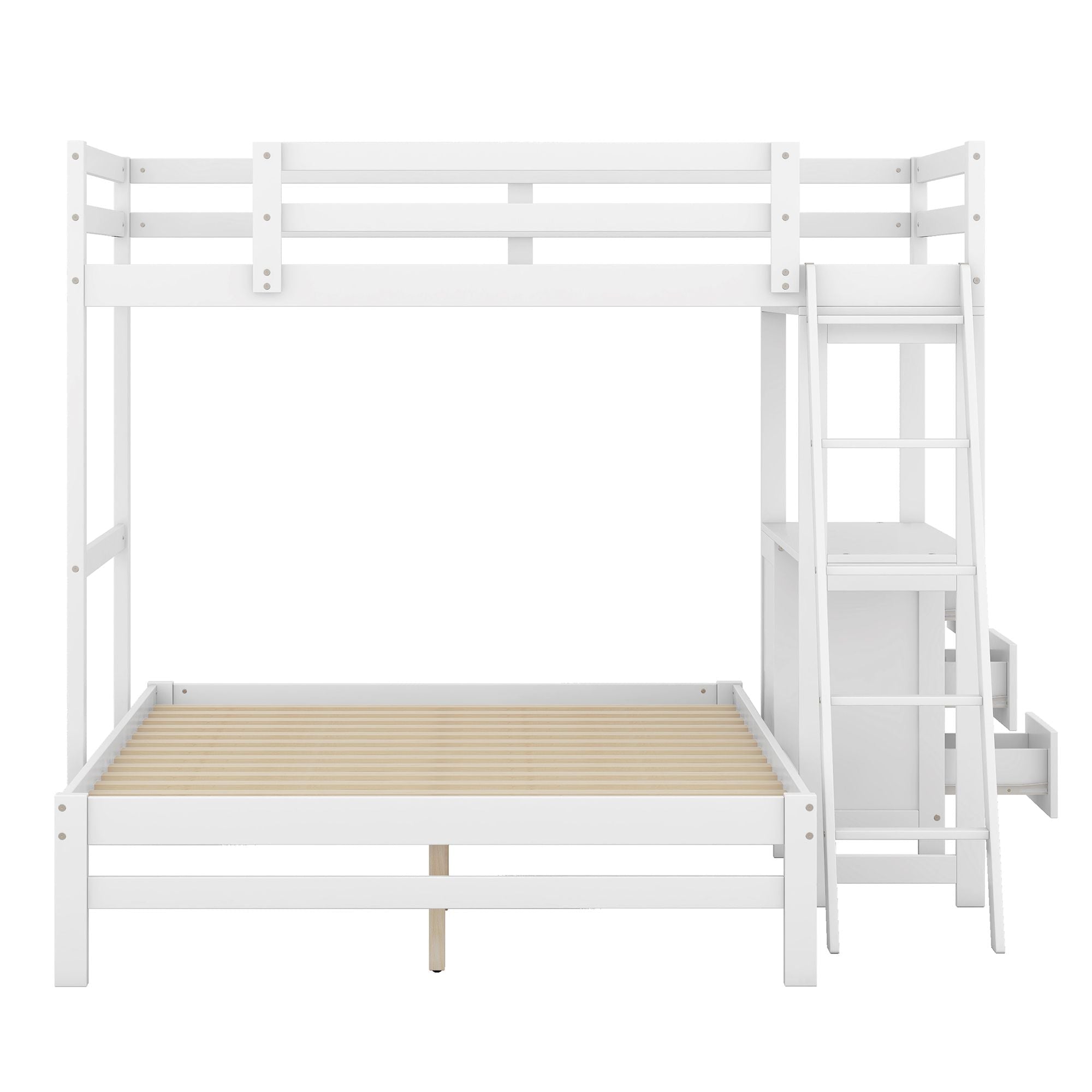 Kids Shared Room Twin Over Full Wood Bunk Bed with Built-in Desk and Three Drawers, White | Just Better Bunk Beds