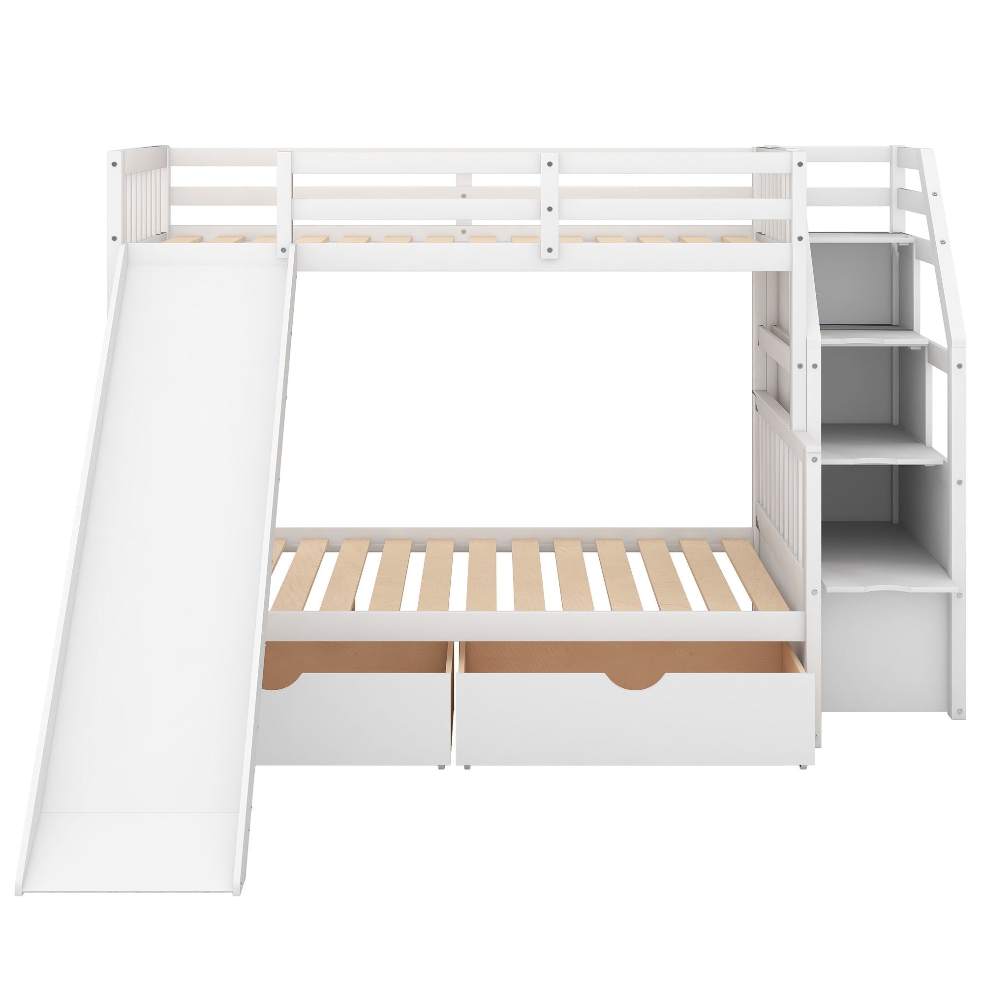 Kids Shared Room Twin Over Full Wood Bunk Bed with Drawers, Slide, and Stairs in White | Just Better Bunk Beds