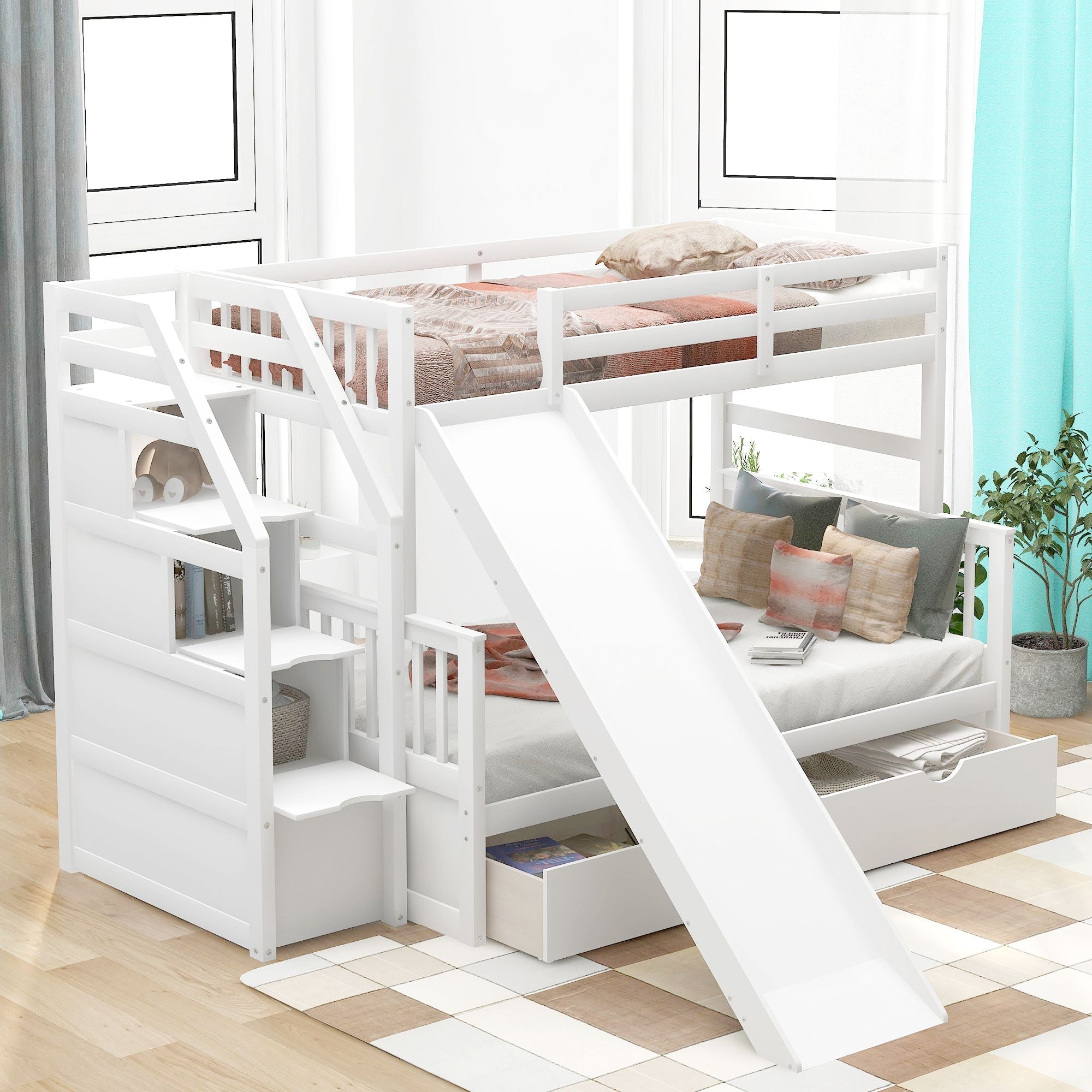 Kids Shared Room Twin Over Full Wood Bunk Bed with Drawers, Slide, and Stairs in White | Just Better Bunk Beds