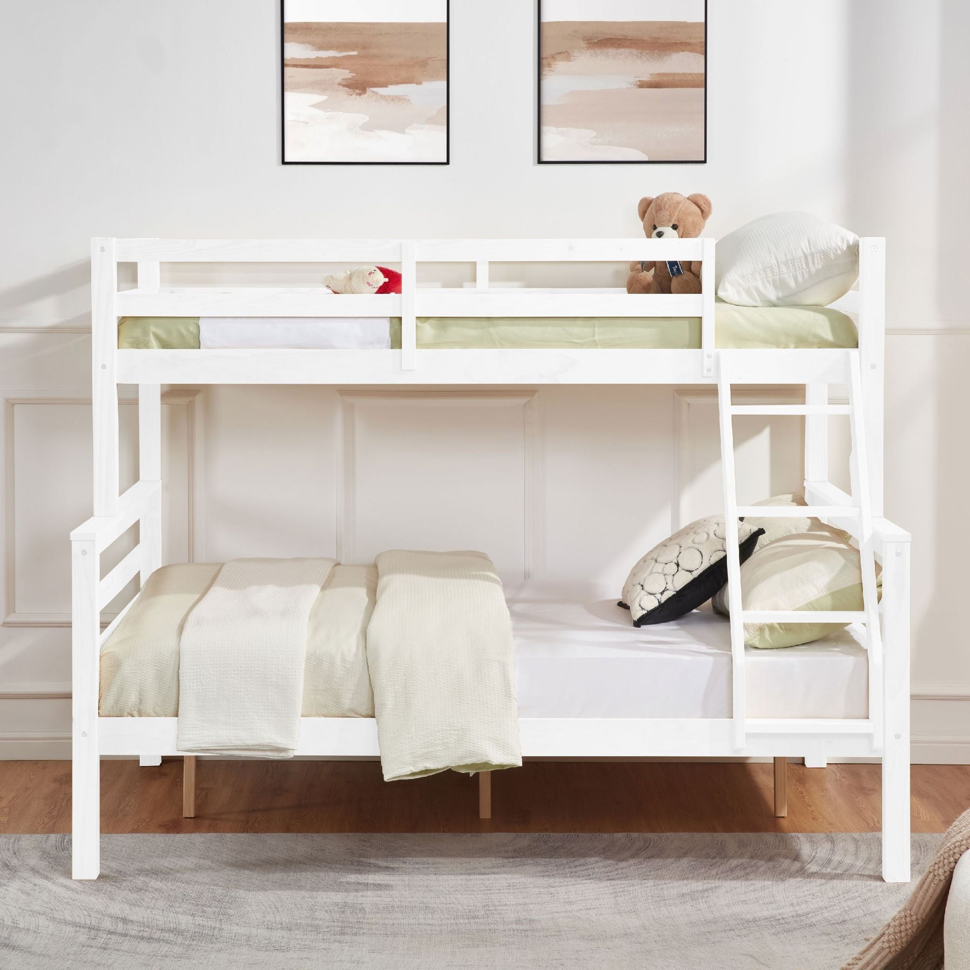 Kids Shared Room Twin Over Full Wood Bunk Bed with High Guardrail Ladder White | Just Better Bunk Beds