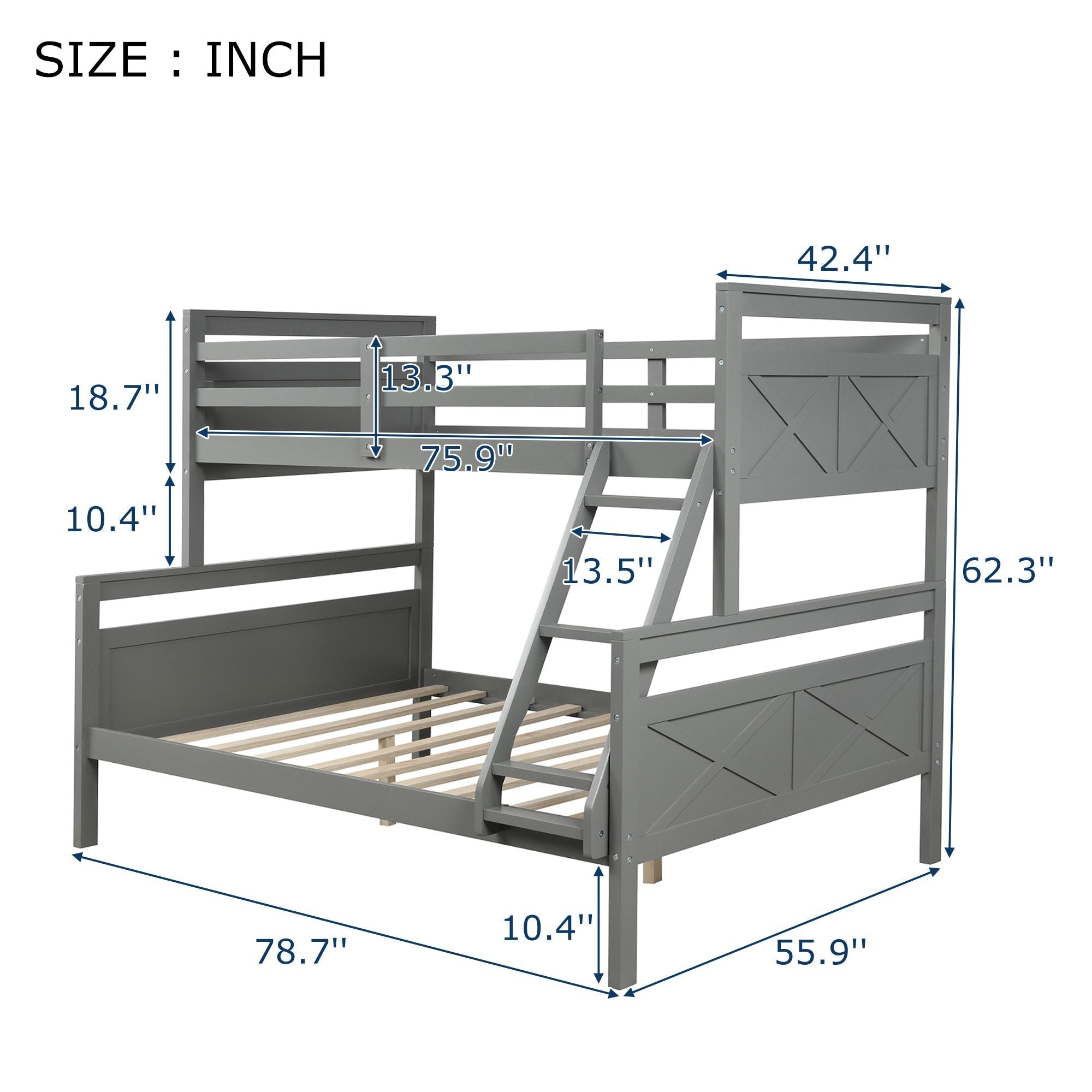 Kids Shared Room Twin Over Full Wood Bunk Bed with Ladder and Safety Guardrail, Gray | Just Better Bunk Beds