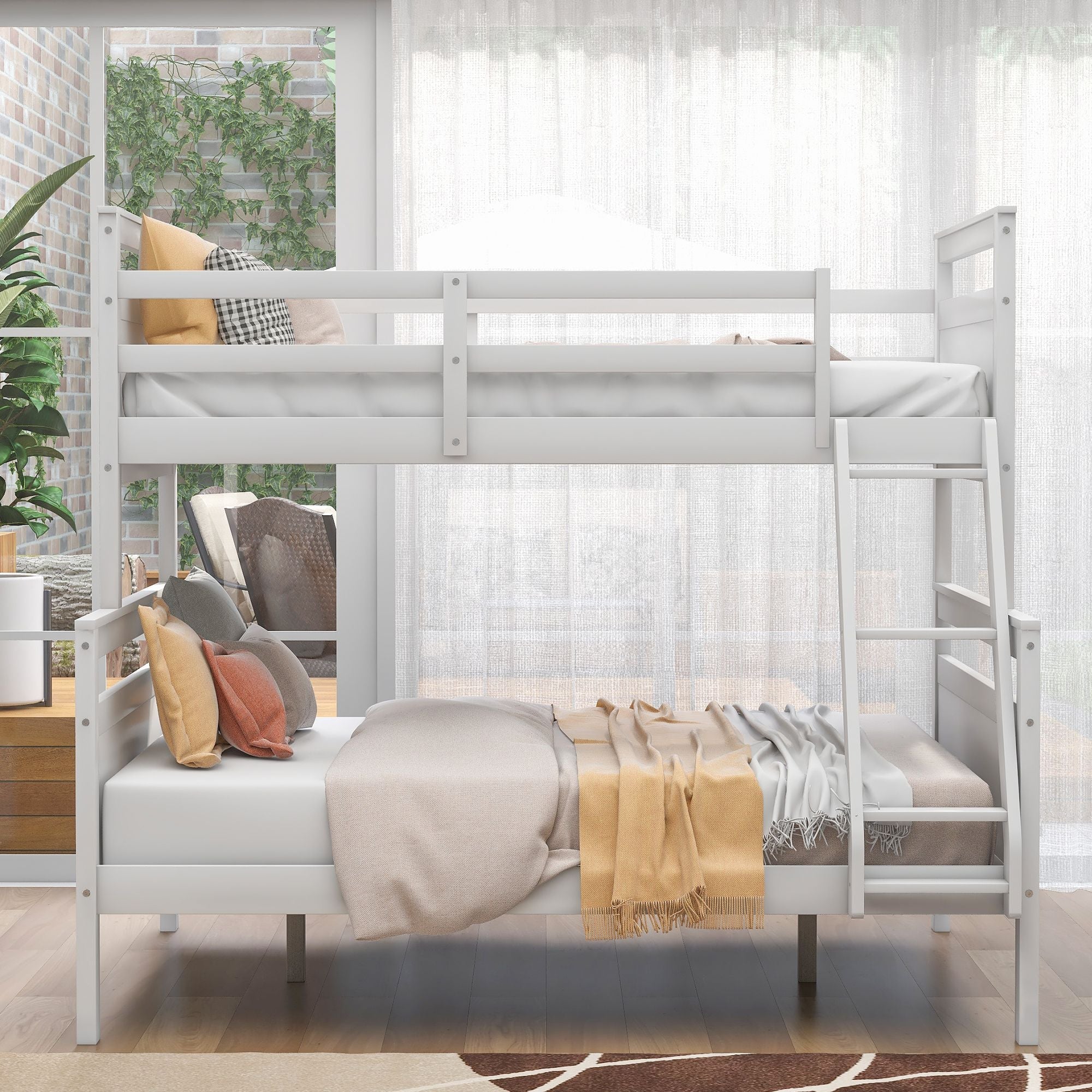 Kids Shared Room Twin Over Full Wood Bunk Bed with Ladder and Safety Guardrail, Gray | Just Better Bunk Beds