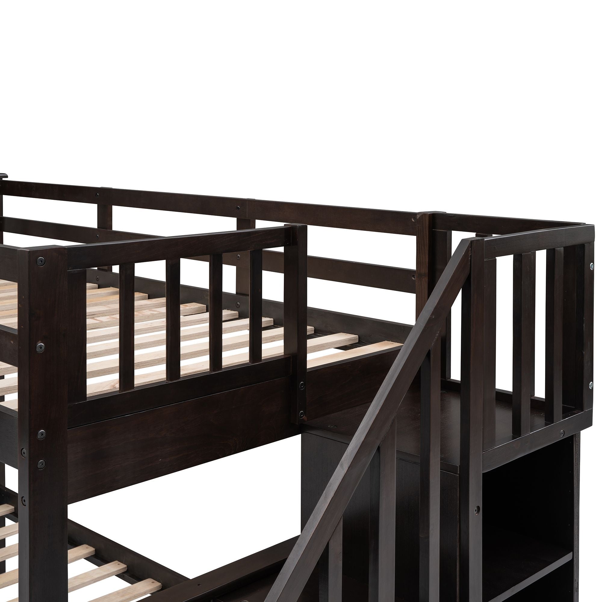 Kids Shared Room Twin Over Full Wood Bunk Bed with Stair Storage Drawers and Guardrails, Espresso | Just Better Bunk Beds