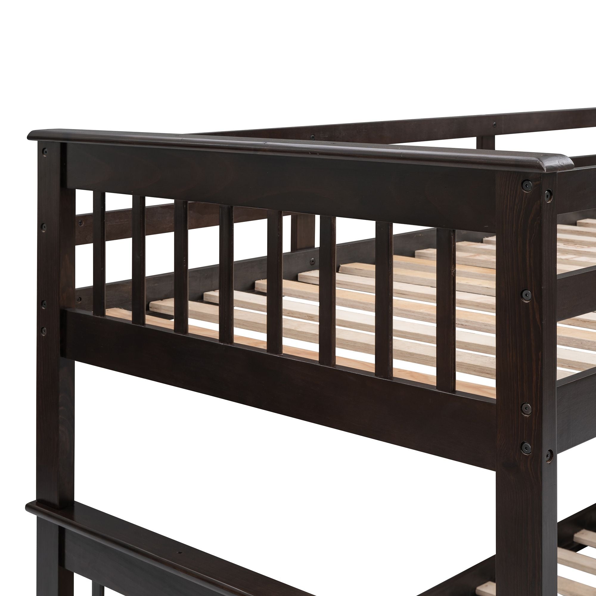 Kids Shared Room Twin Over Full Wood Bunk Bed with Stair Storage Drawers and Guardrails, Espresso | Just Better Bunk Beds