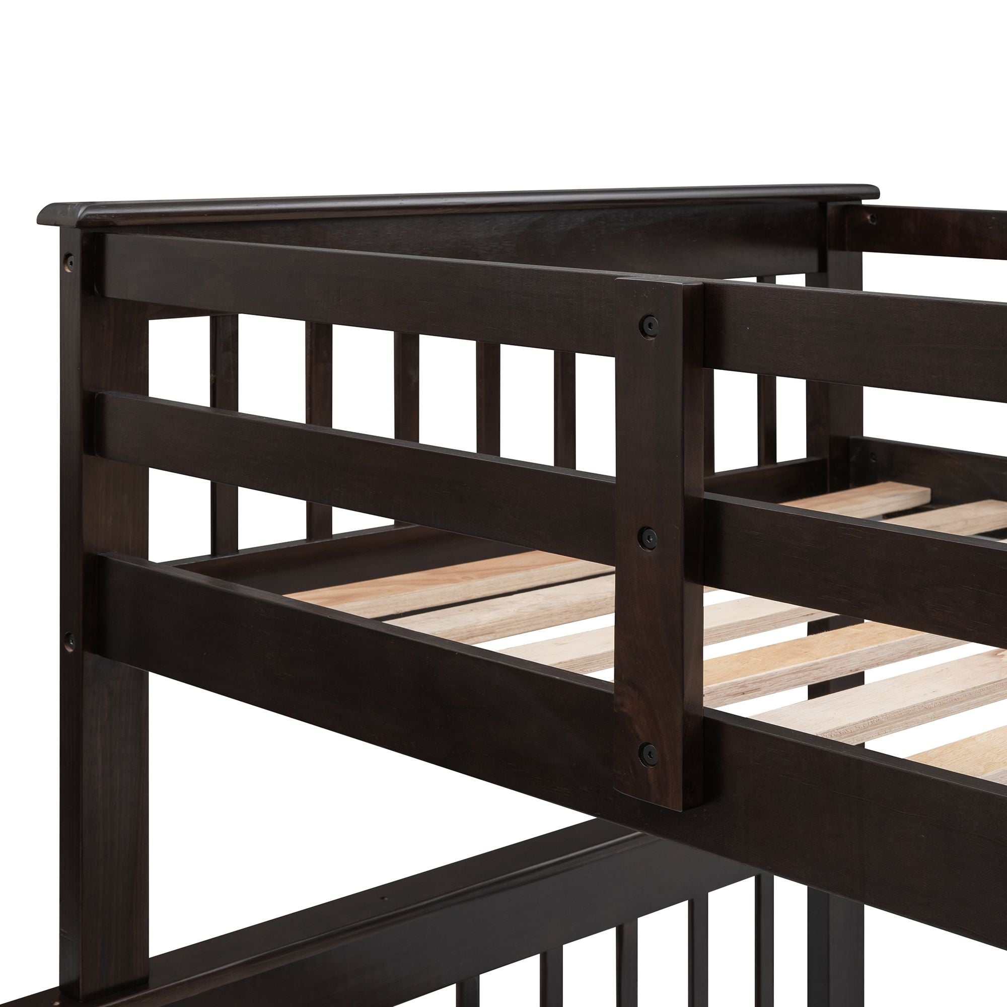 Kids Shared Room Twin Over Full Wood Bunk Bed with Stair Storage Drawers and Guardrails, Espresso | Just Better Bunk Beds