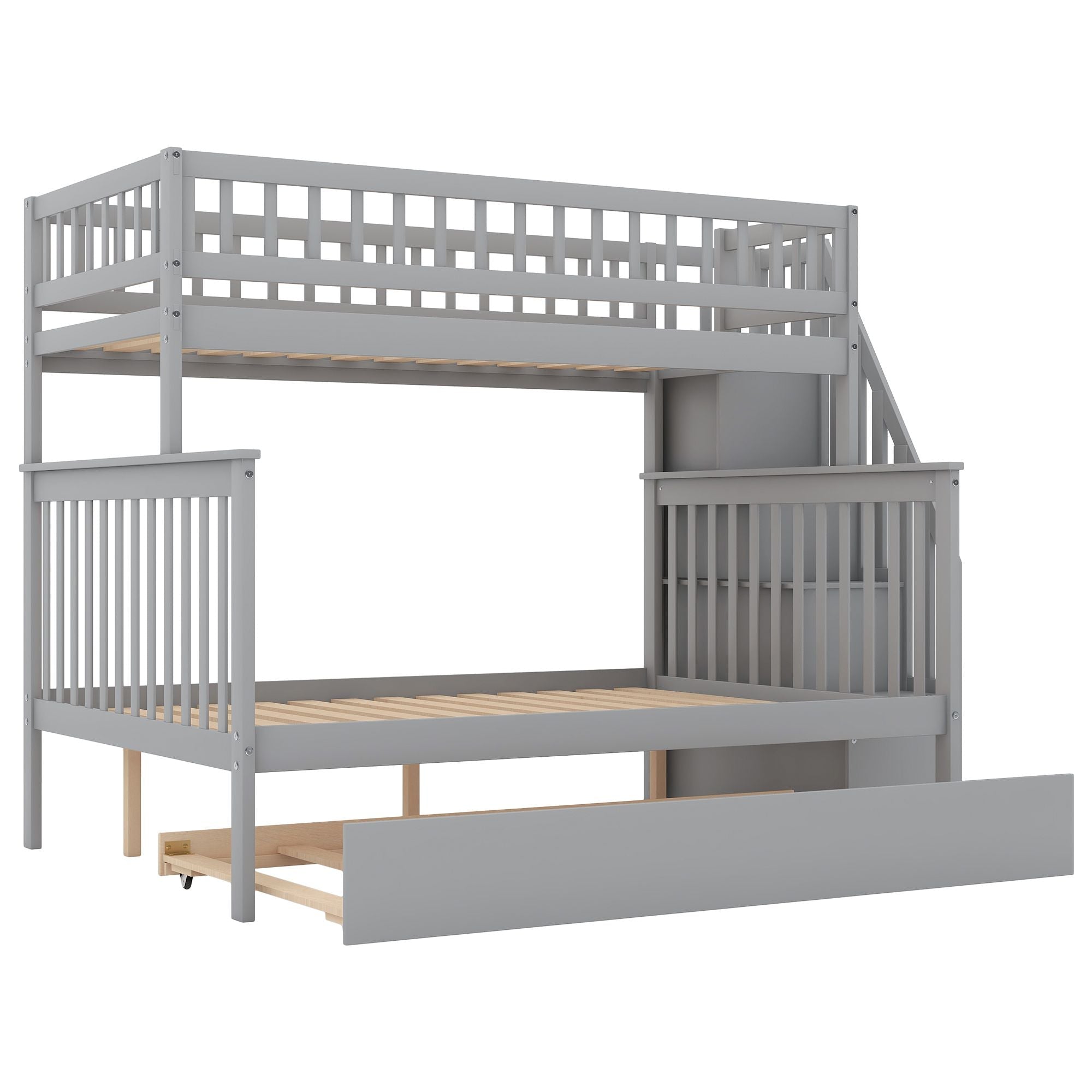 Kids Shared Room Twin Over Full Wood Bunk Bed with Staircase Storage and Trundle, Gray | Just Better Bunk Beds