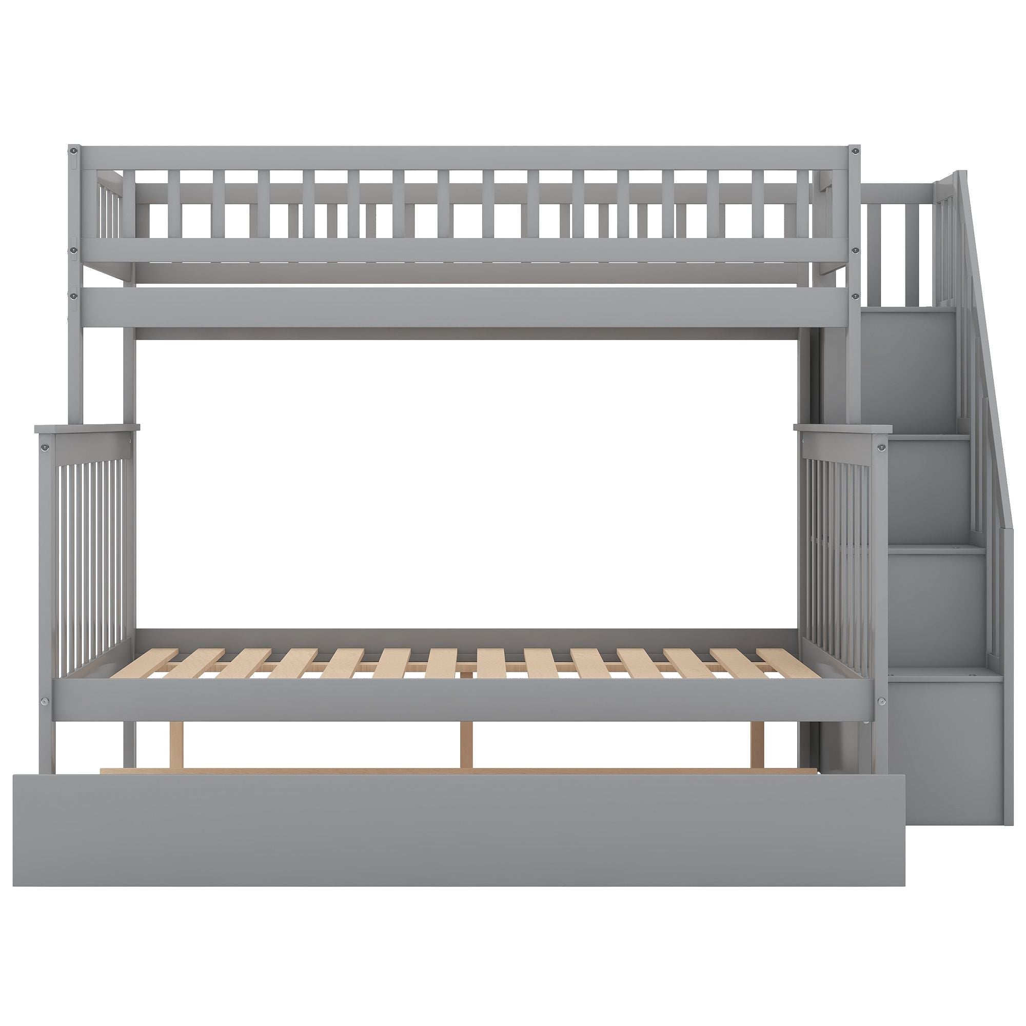 Kids Shared Room Twin Over Full Wood Bunk Bed with Staircase Storage and Trundle, Gray | Just Better Bunk Beds
