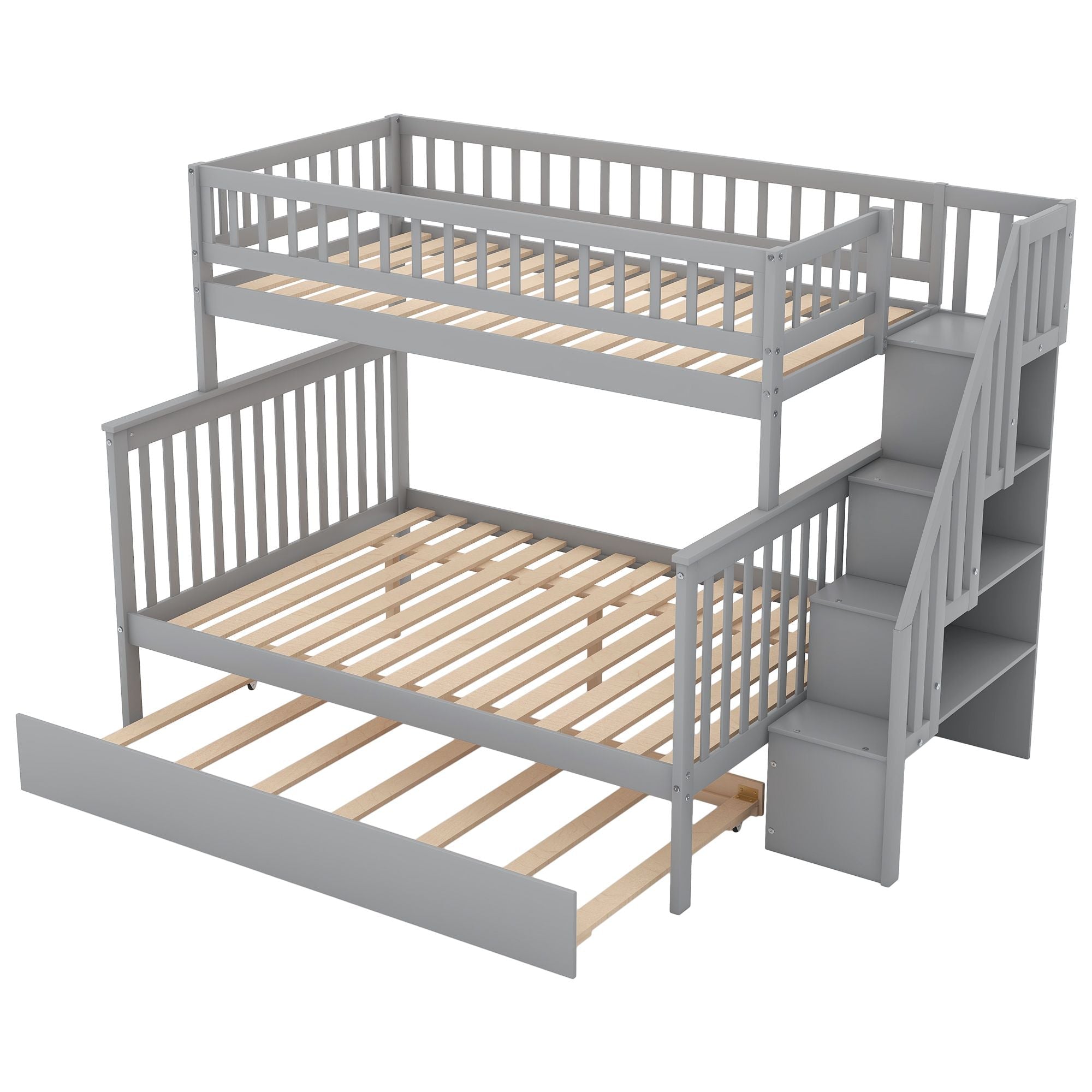 Kids Shared Room Twin Over Full Wood Bunk Bed with Staircase Storage and Trundle, Gray | Just Better Bunk Beds