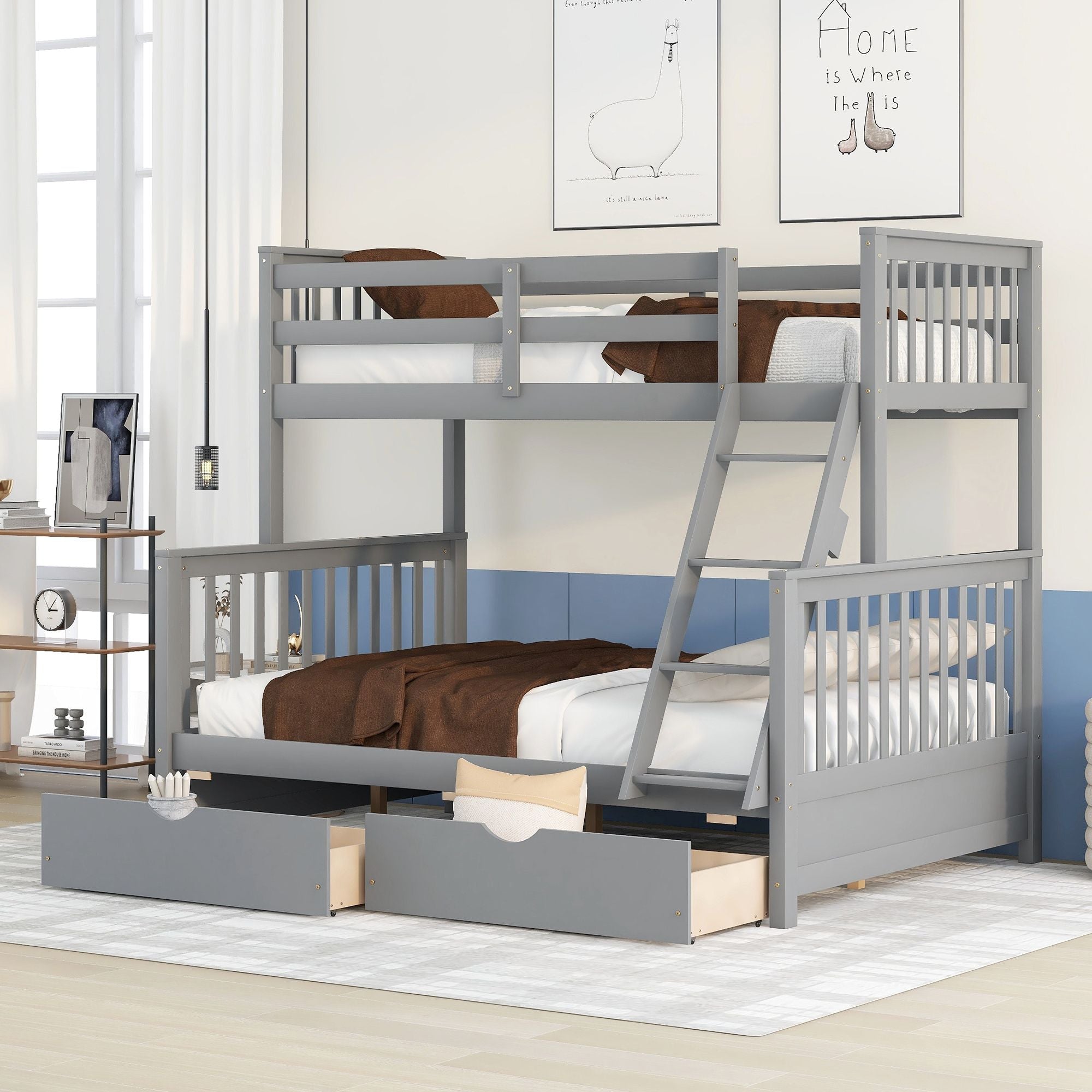 Kids Shared Room Twin Over Full Wood Bunk Bed with Storage Drawers and Ladders, Gray | Just Better Bunk Beds