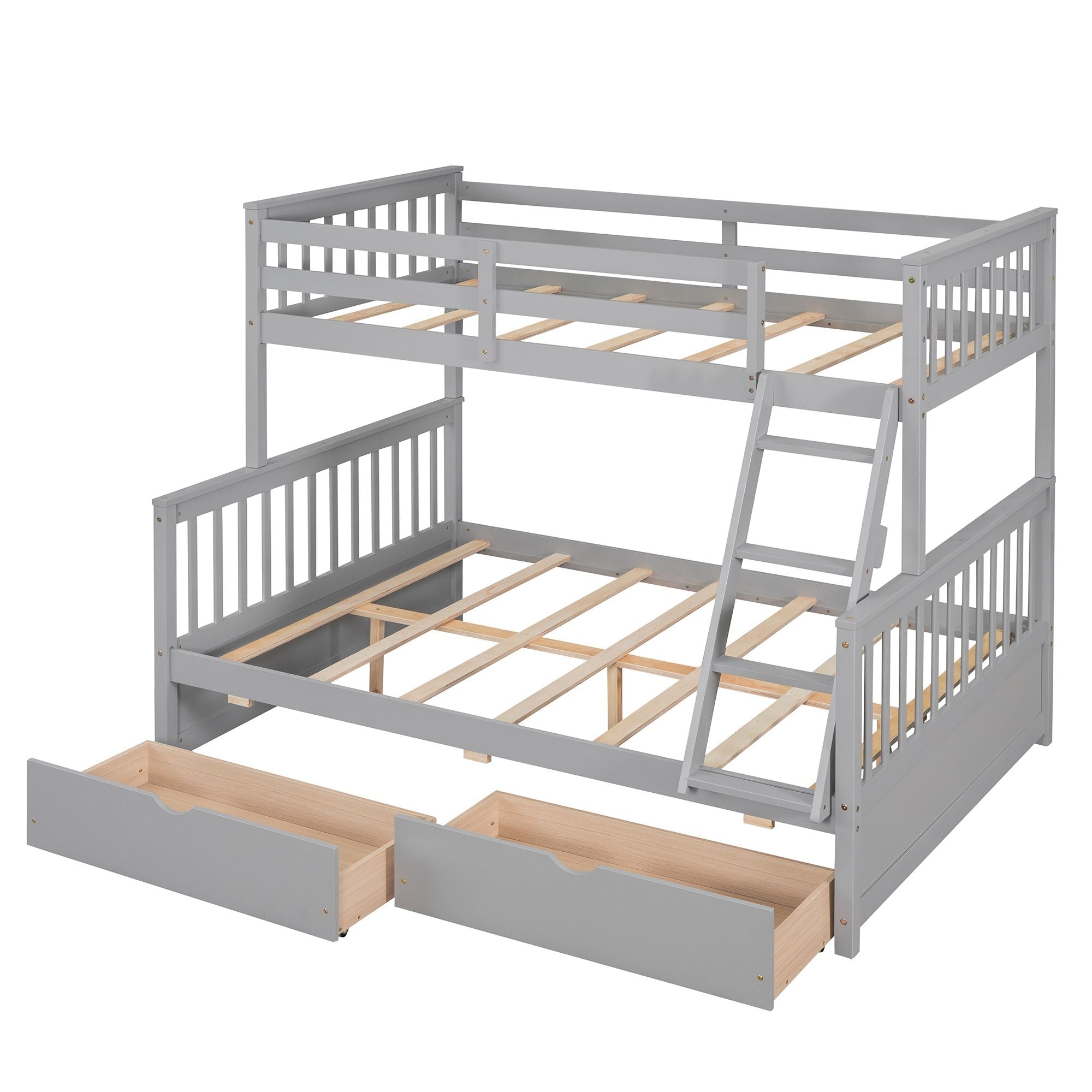 Kids Shared Room Twin Over Full Wood Bunk Bed with Storage Drawers and Ladders, Gray | Just Better Bunk Beds