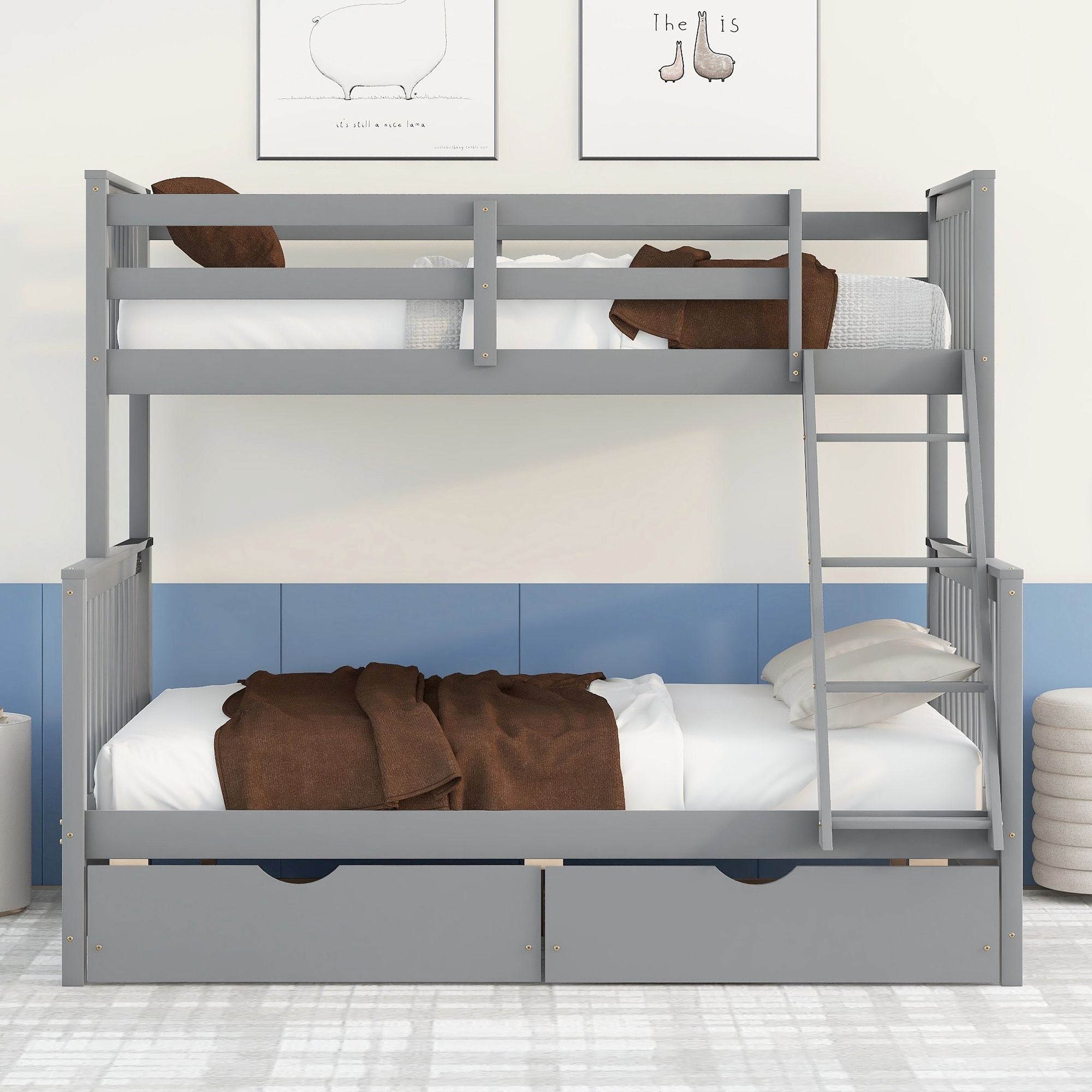 Kids Shared Room Twin Over Full Wood Bunk Bed with Storage Drawers and Ladders, Gray | Just Better Bunk Beds