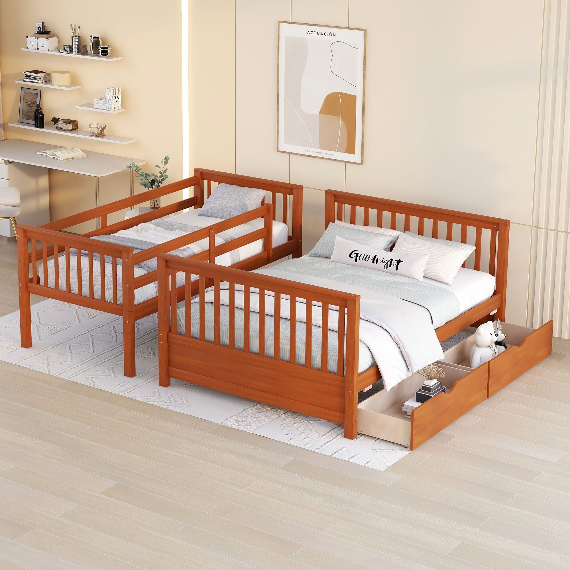 Kids Shared Room Twin Over Full Wood Bunk Bed with Storage Drawers and Ladders, Walnut | Just Better Bunk Beds