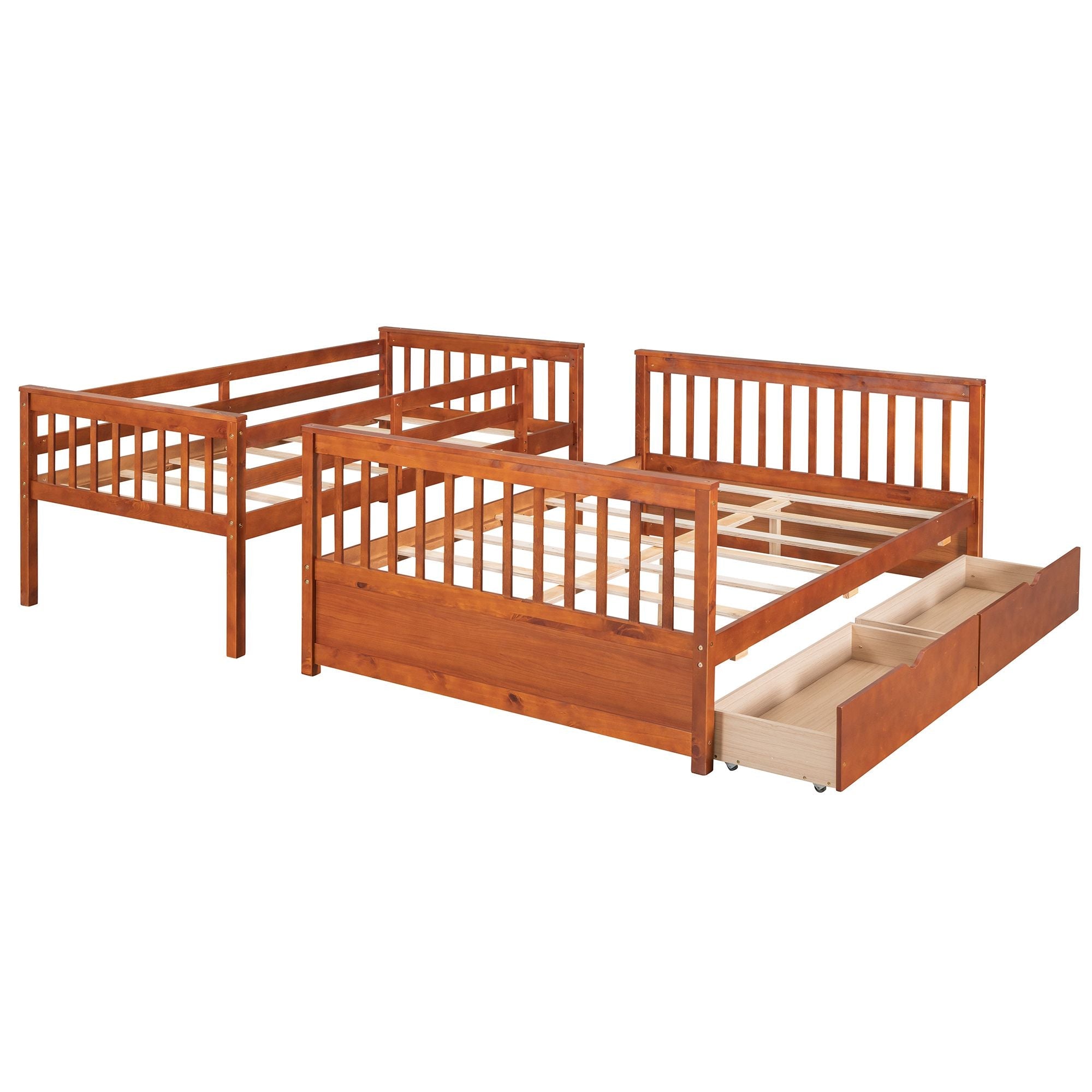 Kids Shared Room Twin Over Full Wood Bunk Bed with Storage Drawers and Ladders, Walnut | Just Better Bunk Beds