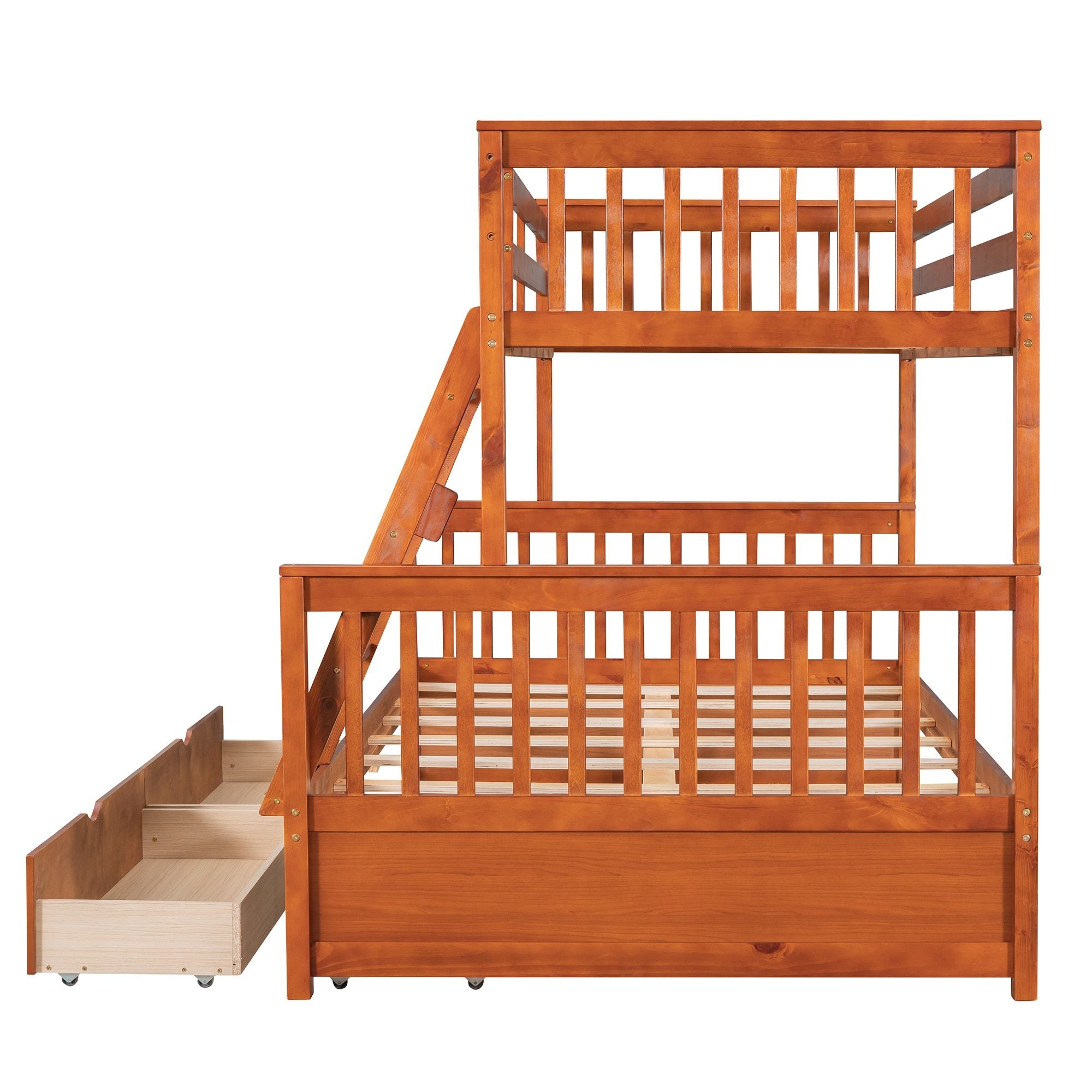 Kids Shared Room Twin Over Full Wood Bunk Bed with Storage Drawers and Ladders, Walnut | Just Better Bunk Beds
