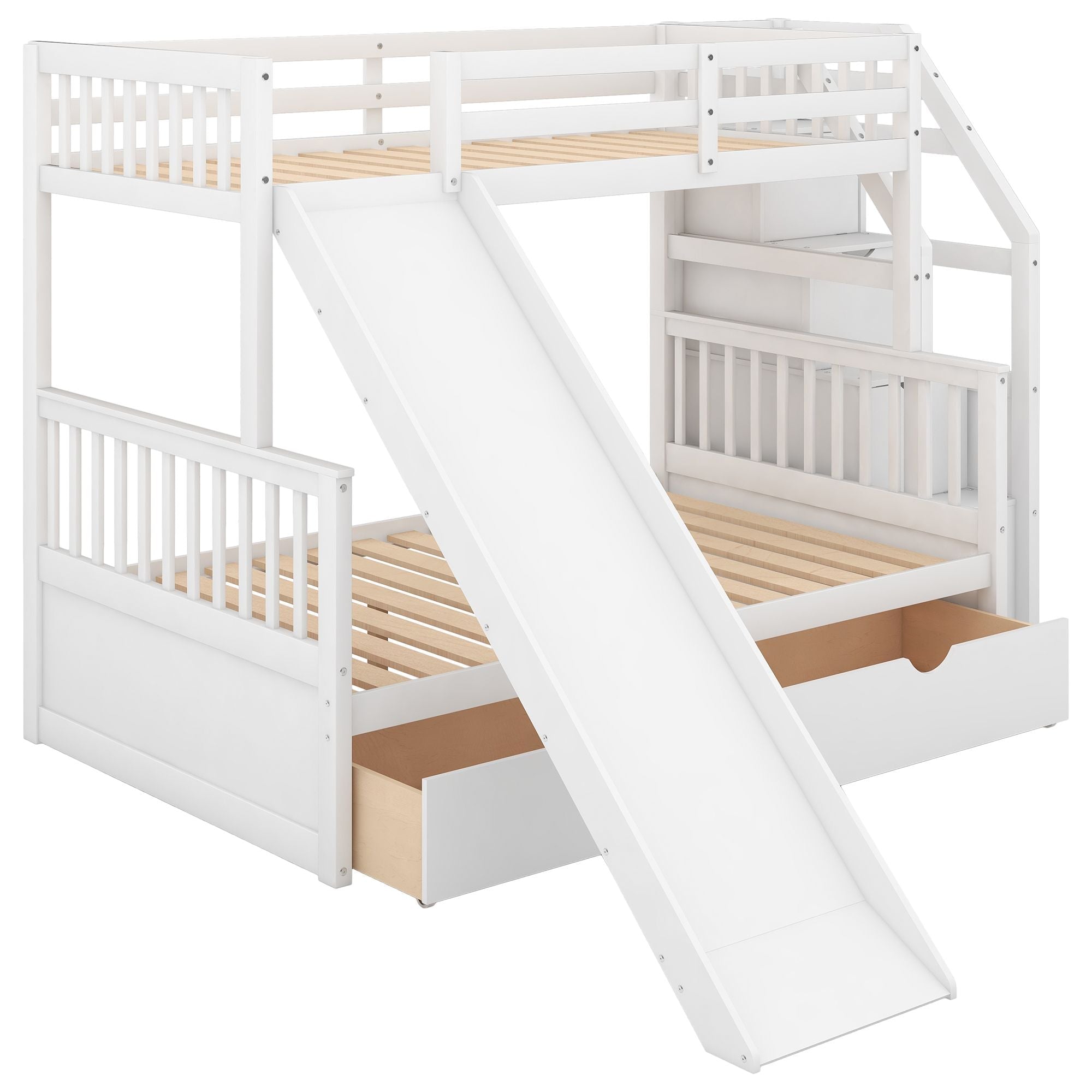 Kids Shared Room Twin Over Full Wood Bunk Bed with Storage Drawers, Slide, and Stairs in White | Just Better Bunk Beds