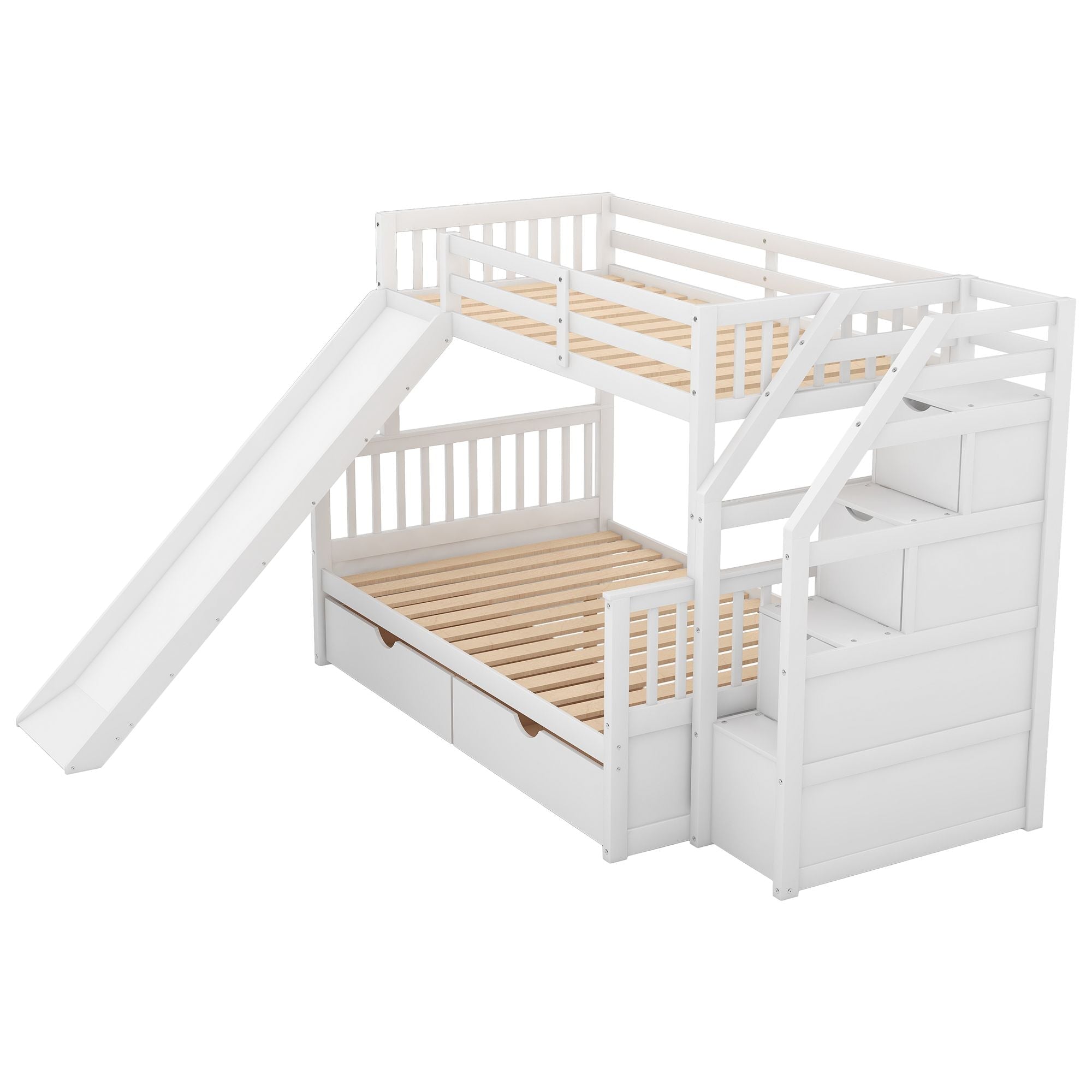 Kids Shared Room Twin Over Full Wood Bunk Bed with Storage Drawers, Slide, and Stairs in White | Just Better Bunk Beds