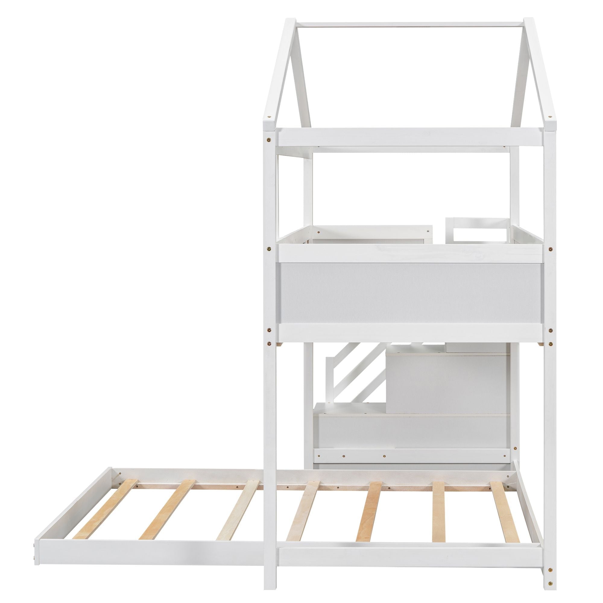 Kids Shared Room Twin Over Full Wood Bunk Bed with Storage Staircase and Blackboard White | Just Better Bunk Beds