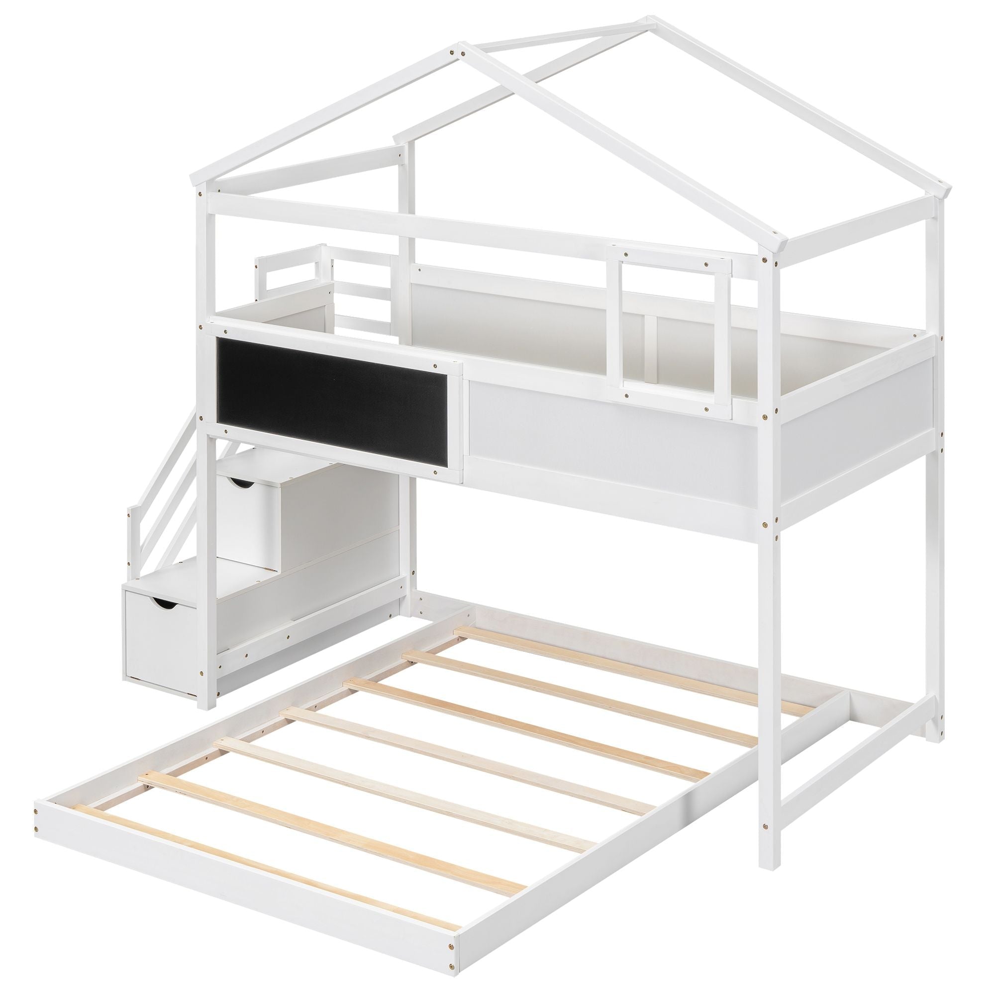 Kids Shared Room Twin Over Full Wood Bunk Bed with Storage Staircase and Blackboard White | Just Better Bunk Beds
