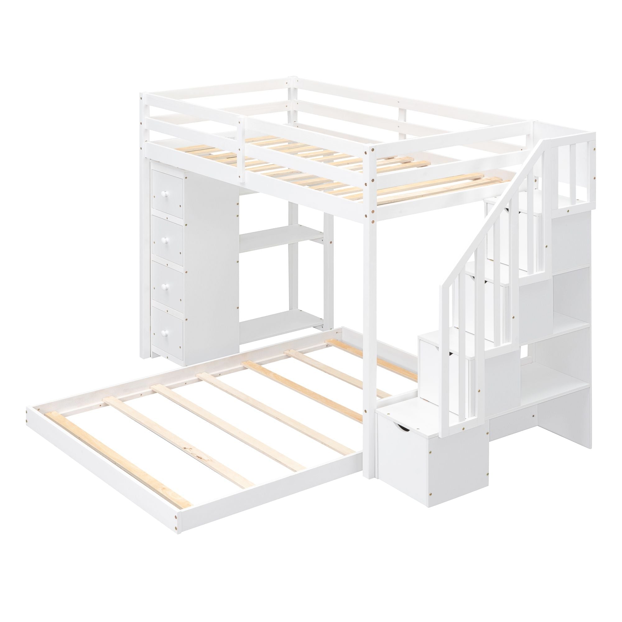 Kids Shared Room Twin Over Full Wood Bunk Bed with Storage Stairs, Shelves, Drawers White | Just Better Bunk Beds