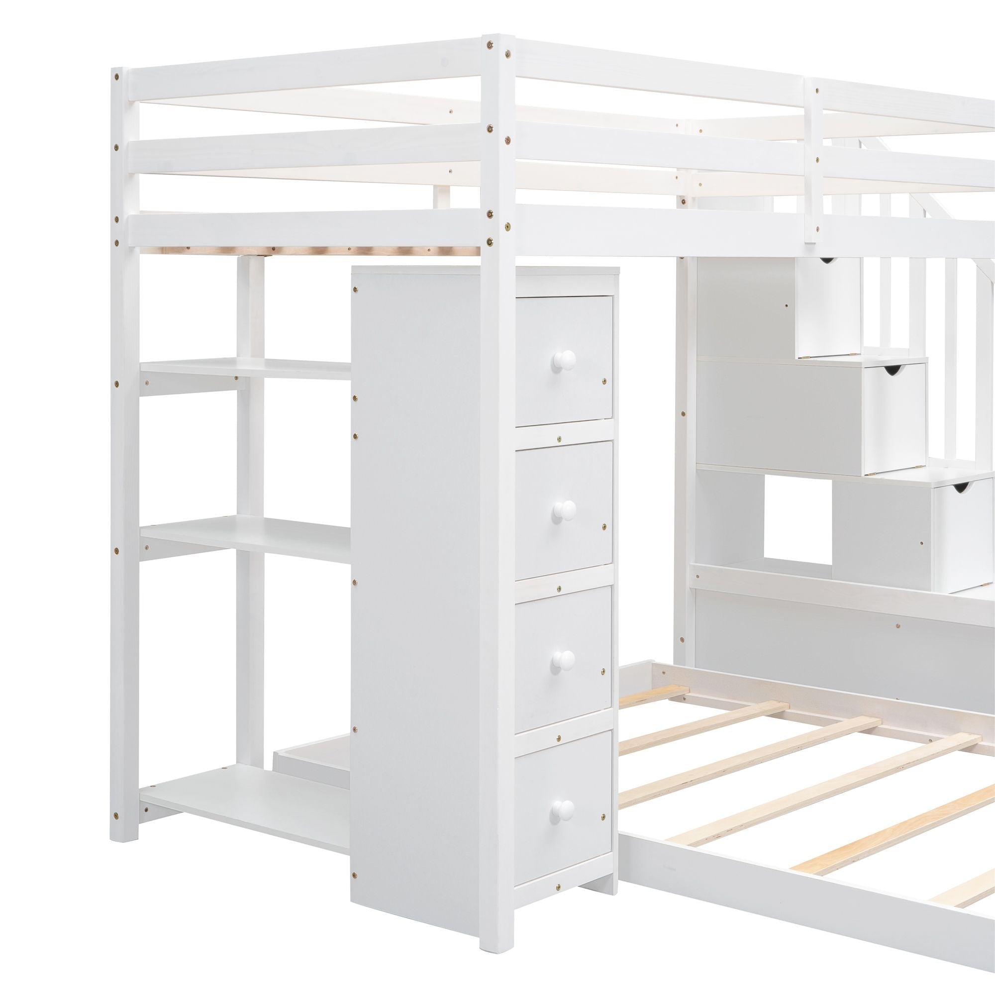 Kids Shared Room Twin Over Full Wood Bunk Bed with Storage Stairs, Shelves, Drawers White | Just Better Bunk Beds