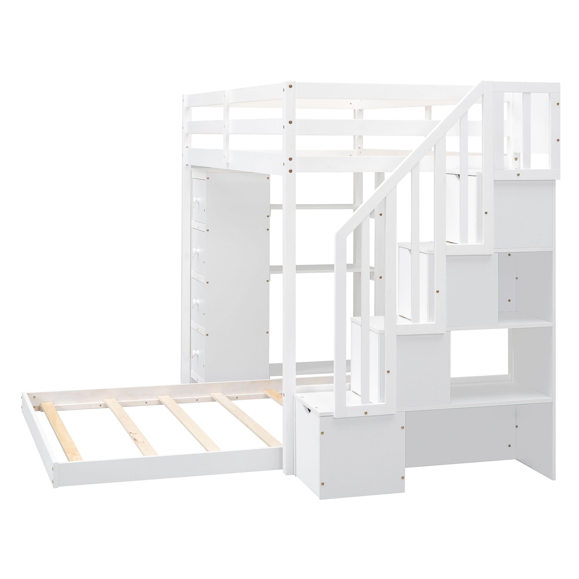 Kids Shared Room Twin Over Full Wood Bunk Bed with Storage Stairs, Shelves, Drawers White | Just Better Bunk Beds